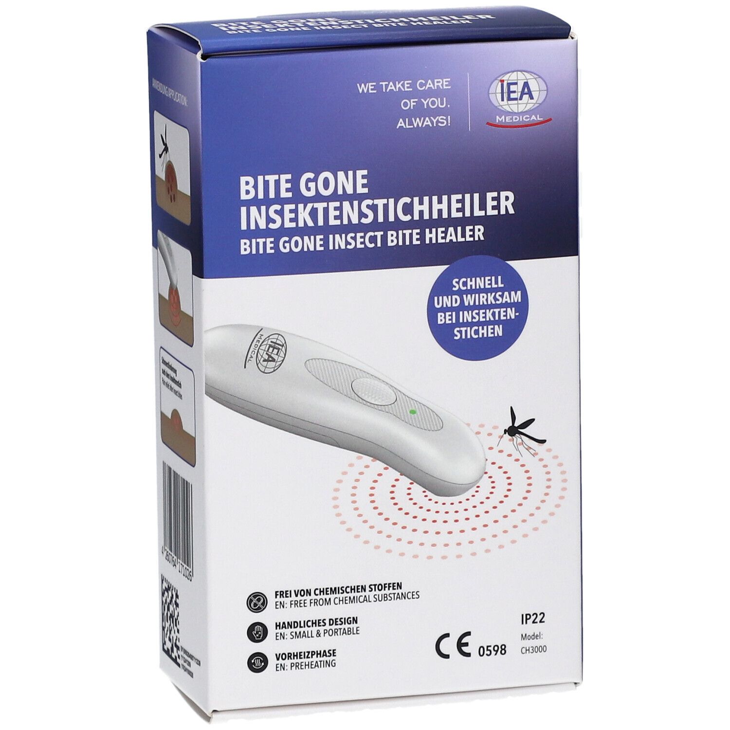 Produktverpackung. IEA Medical Insektenstichheiler. Weißes Gerät auf der Verpackung abgebildet. Text: Bite Gone Insektenstichheiler.