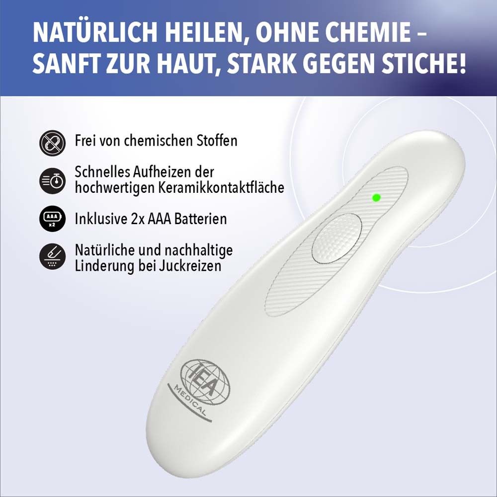 Weißes Gerät mit IEA Medical Logo. Text: Frei von chemischen Stoffen, schnelle Heizung.