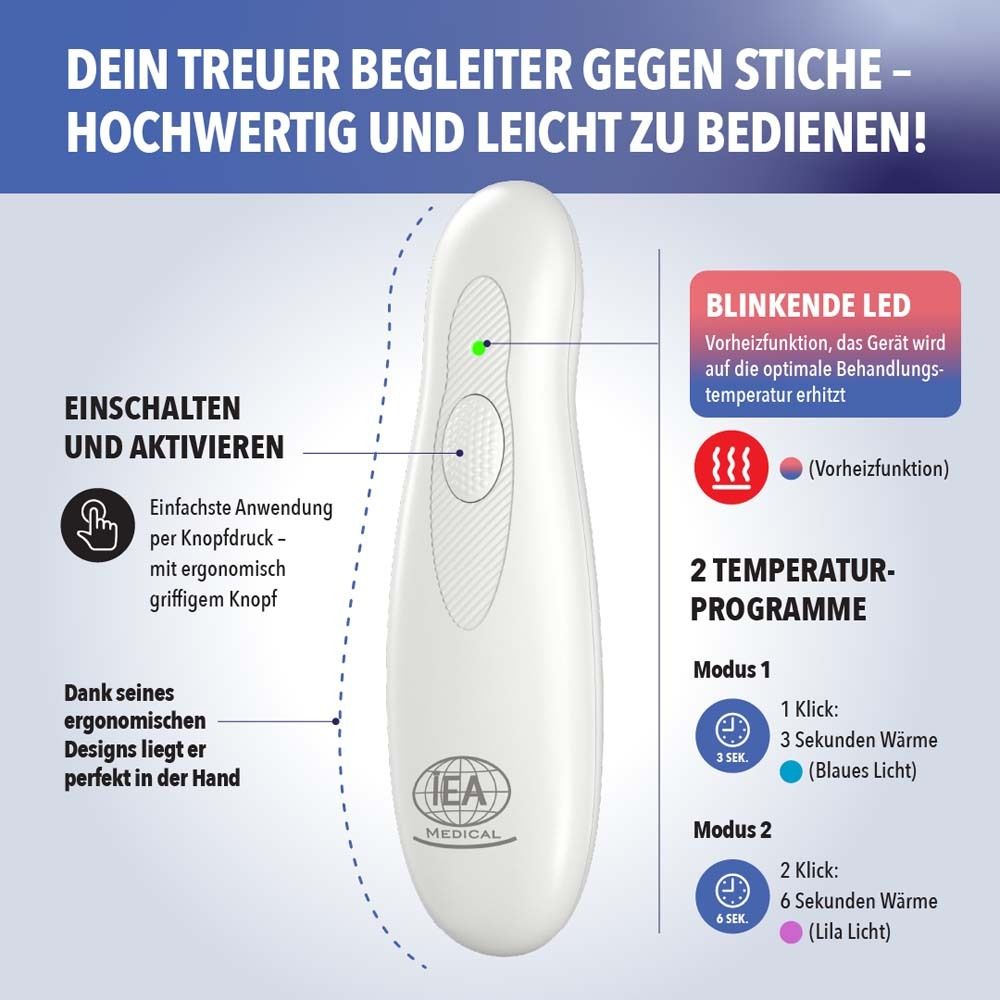 Weißes Gerät mit IEA Medical Logo. Text: Einschalten, 2 Temperaturprogramme, LED.