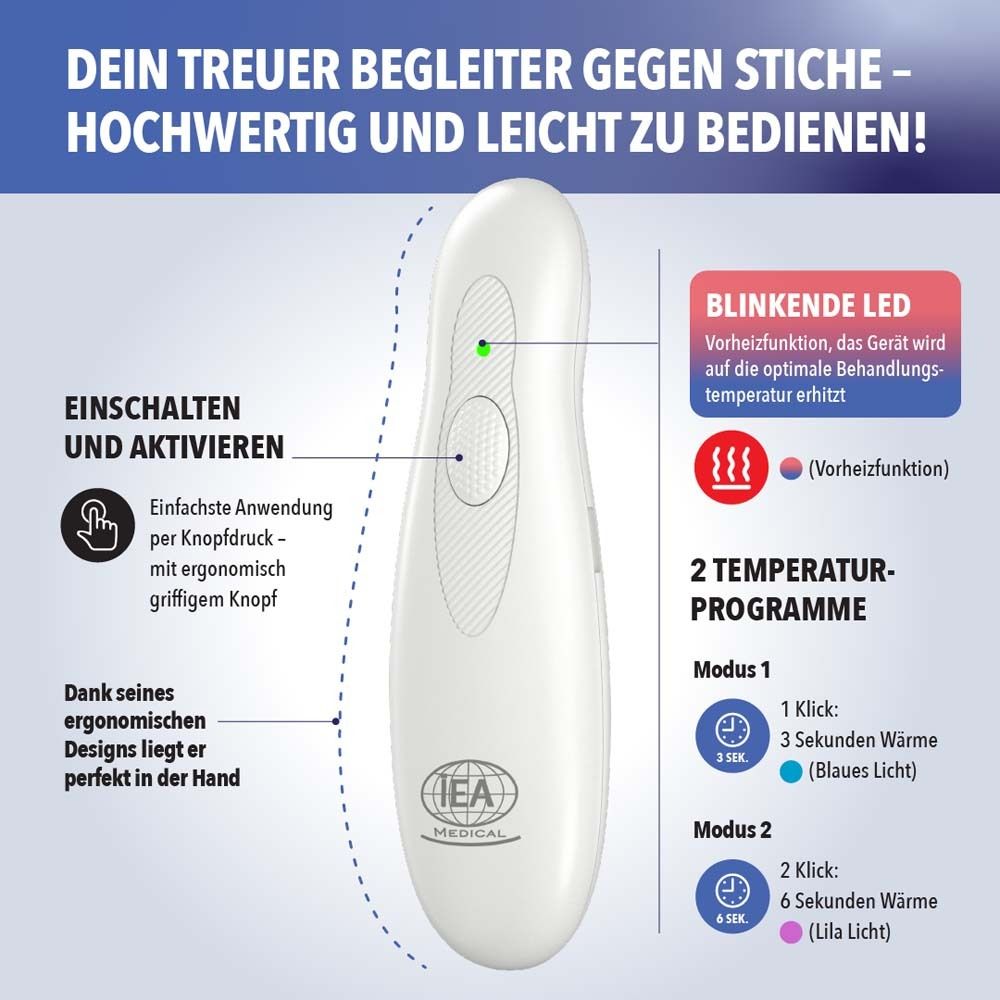 Weißes Gerät mit Text. IEA Medical Logo. Grüne LED. 2 Temperaturprogramme.
