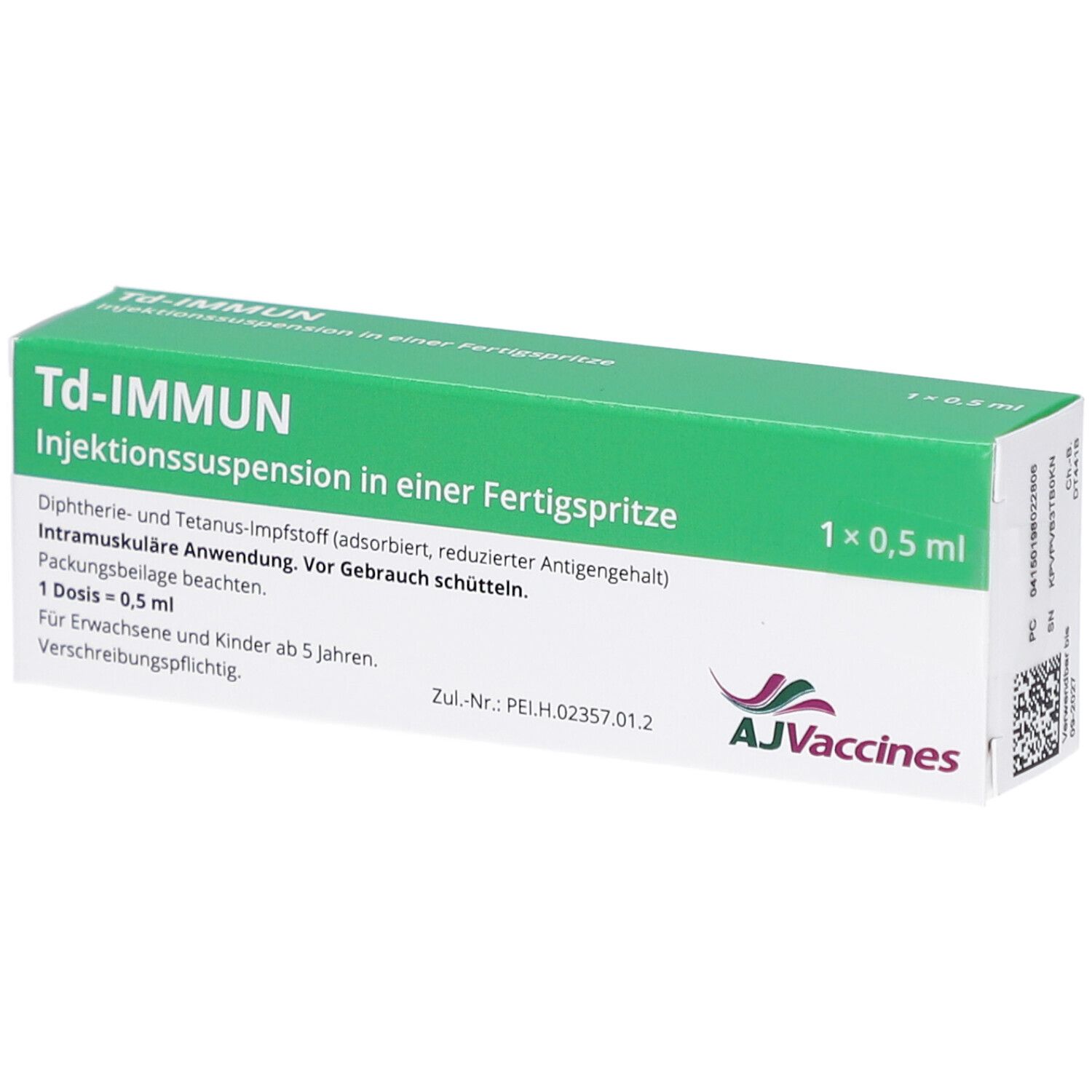 Grüne Schachtel mit weißer Schrift. Beschriftung: Td-IMMUN Injektionssuspension. Enthält 1 x 0,5 ml. Logo AJVaccines.