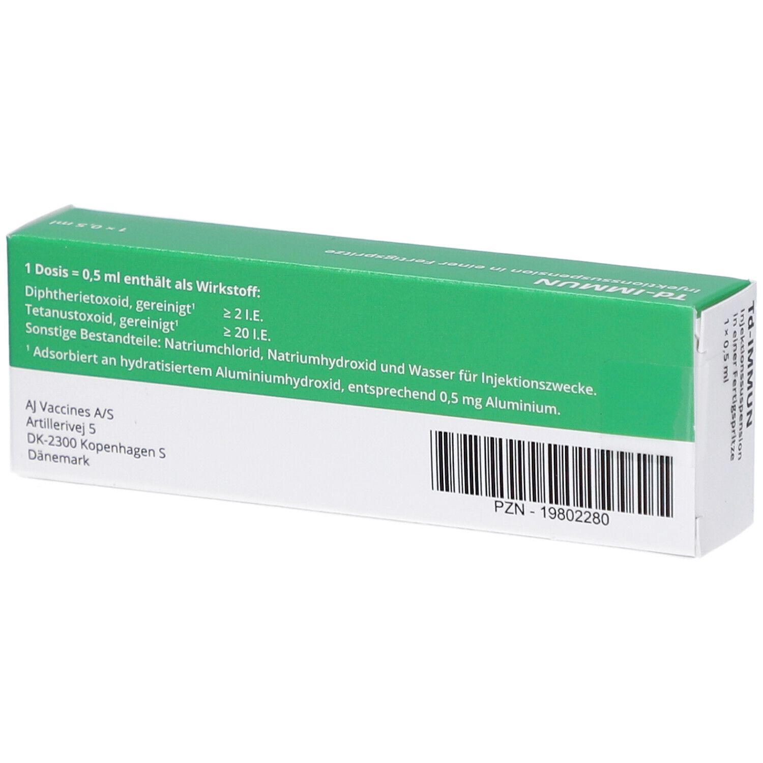 Grüne Schachtel mit weißer Schrift. Enthält Informationen zu Inhaltsstoffen und Hersteller. PZN-19802280.