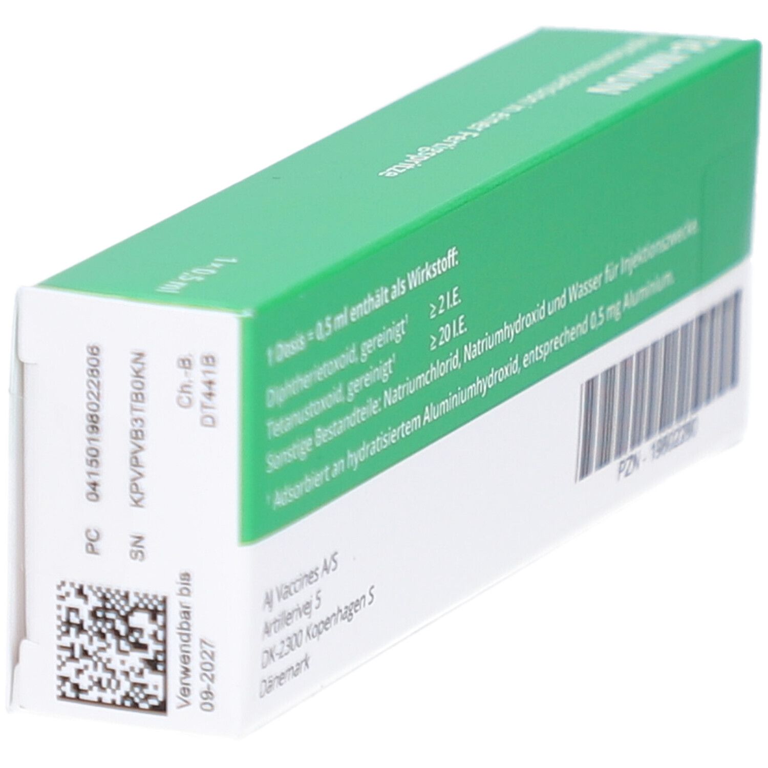 Grüne Schachtel mit weißer Schrift. Enthält Informationen zu Inhaltsstoffen und Hersteller. Verwendbar bis 09-2027.