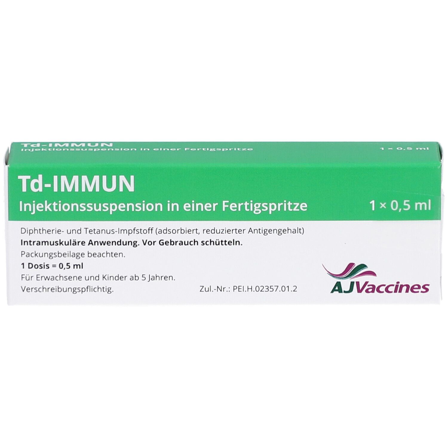 Grüne Schachtel mit weißer Schrift. Beschriftung: Td-IMMUN Injektionssuspension. Enthält 1 x 0,5 ml. Logo AJVaccines.