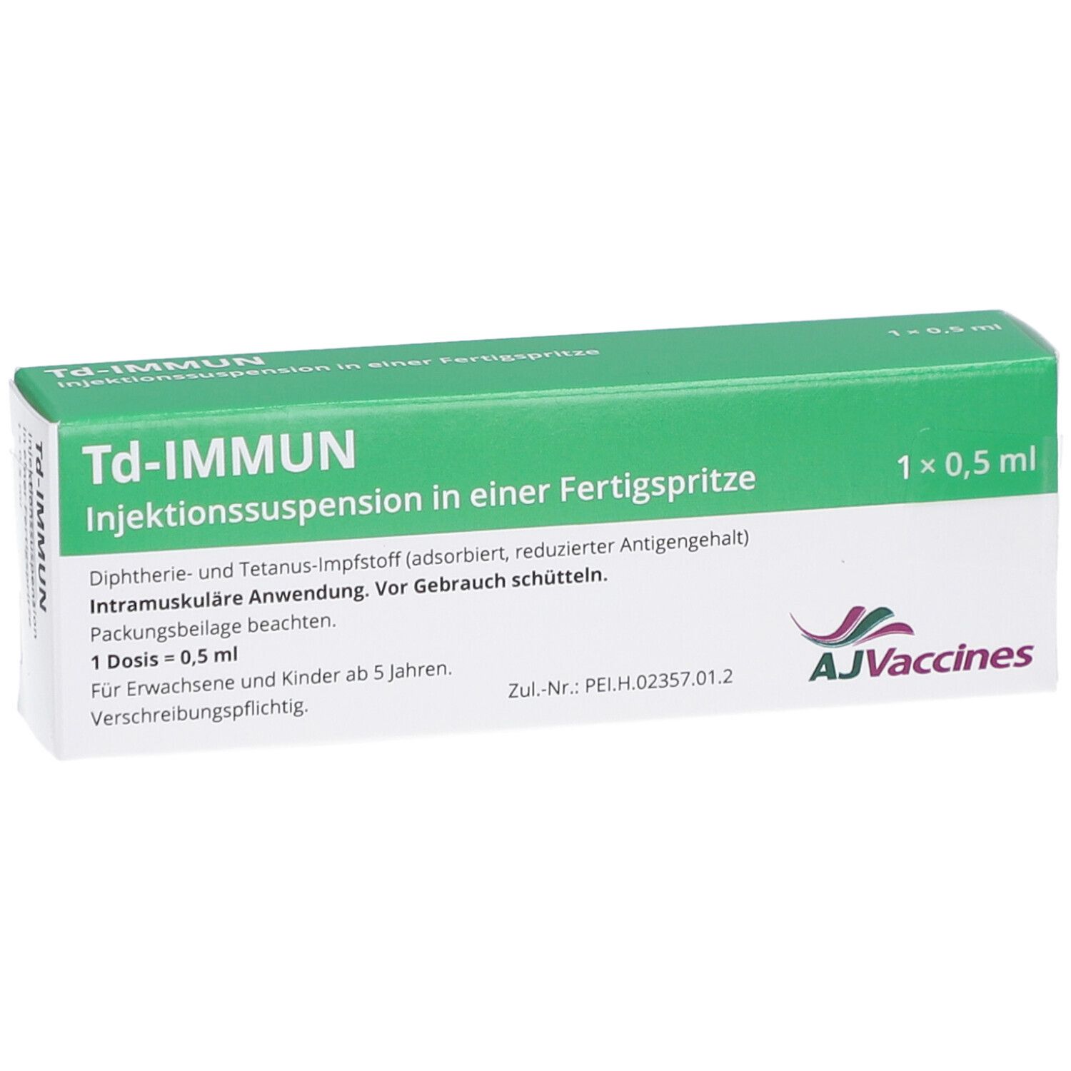 Grüne Schachtel mit weißer Schrift. Beschriftung: Td-IMMUN Injektionssuspension. Enthält 1 x 0,5 ml. Logo AJVaccines.