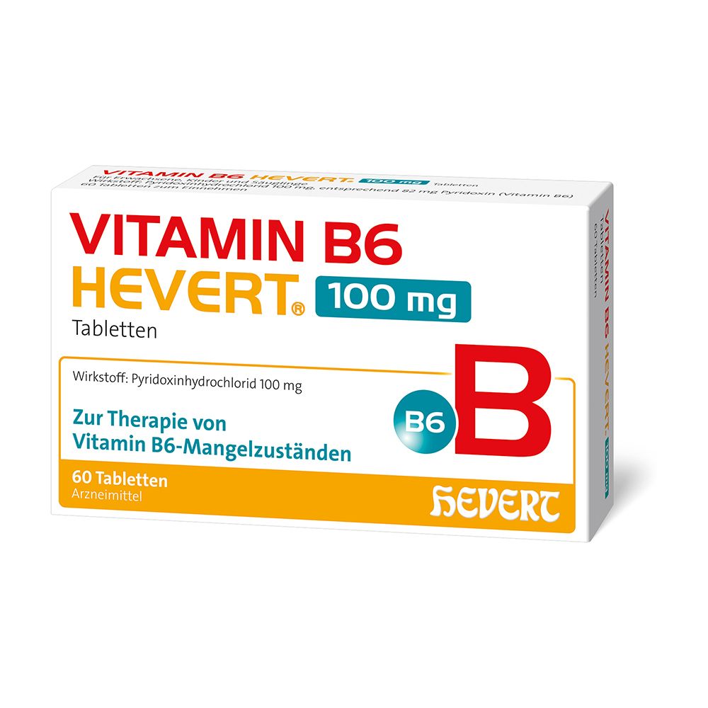 Schachtel mit "VITAMIN B6 HEVERT 100 mg Tabletten". Enthält 60 Tabletten. Aufdrucke: "B6", "HEVERT".