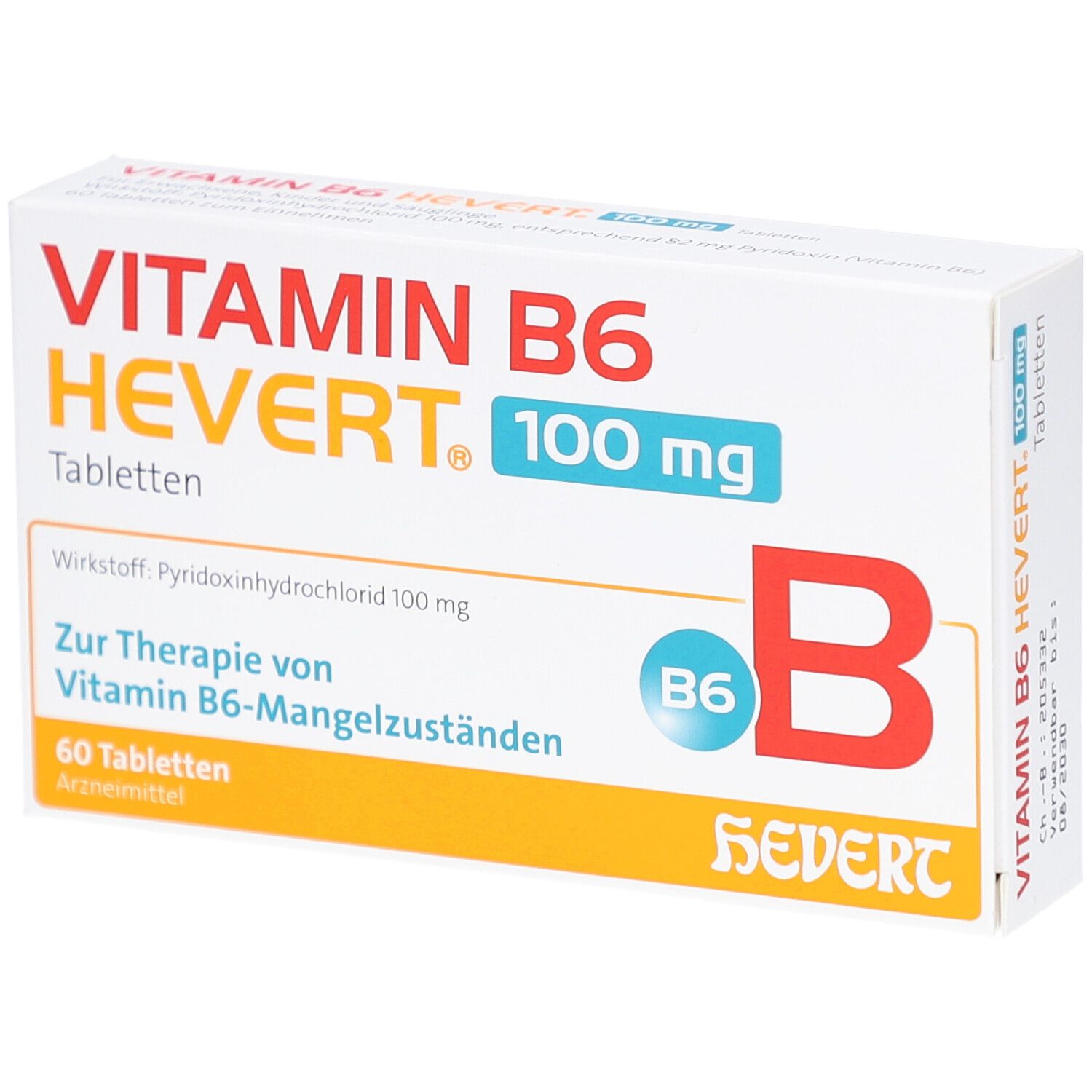 Weiße Schachtel mit Aufschrift VITAMIN B6 HEVERT 100 mg Tabletten. Enthält 60 Tabletten. Aufdrucke in Deutsch.