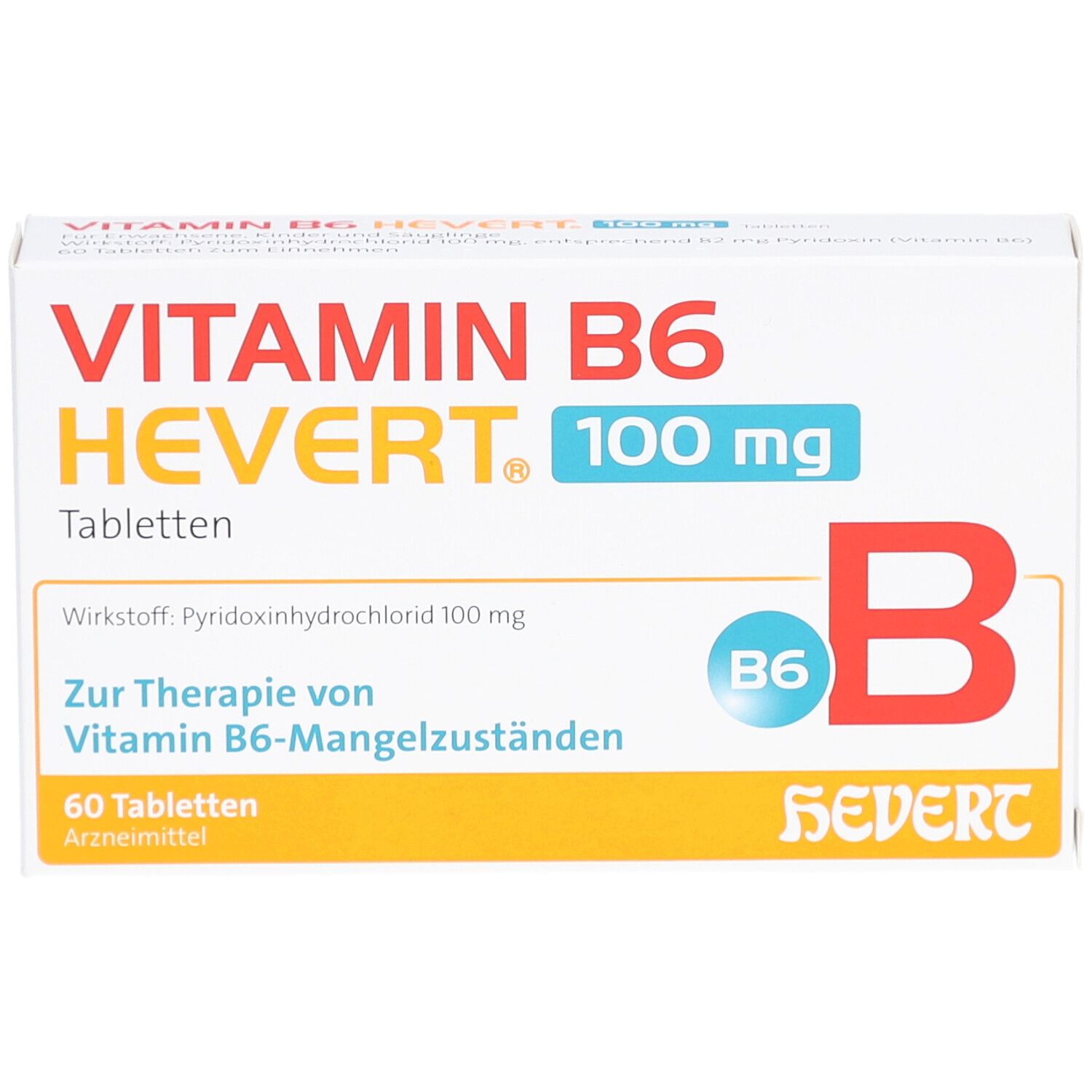 Weiße Schachtel mit Aufschrift VITAMIN B6 HEVERT 100 mg Tabletten. Enthält 60 Tabletten. Aufdrucke in Deutsch.