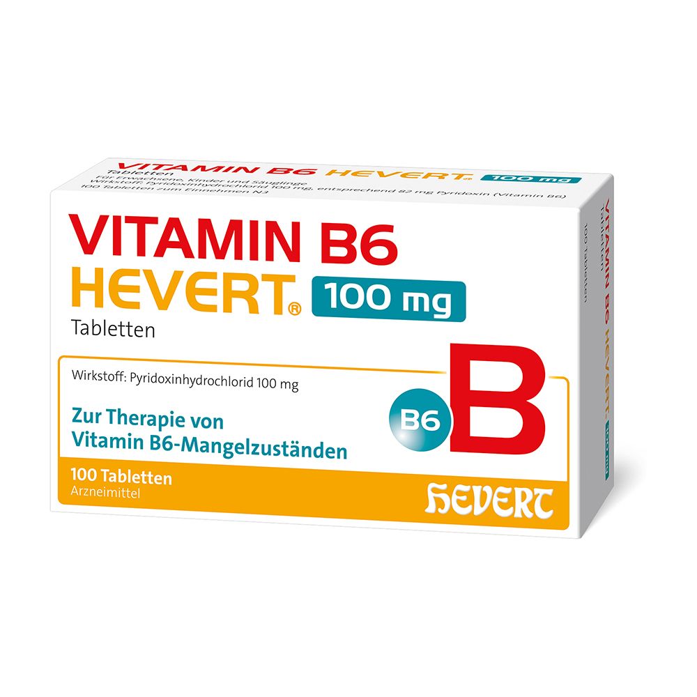 Weiße Schachtel mit Aufschrift VITAMIN B6 HEVERT 100 mg Tabletten. Logo B6 und B. Orangefarbener Streifen.