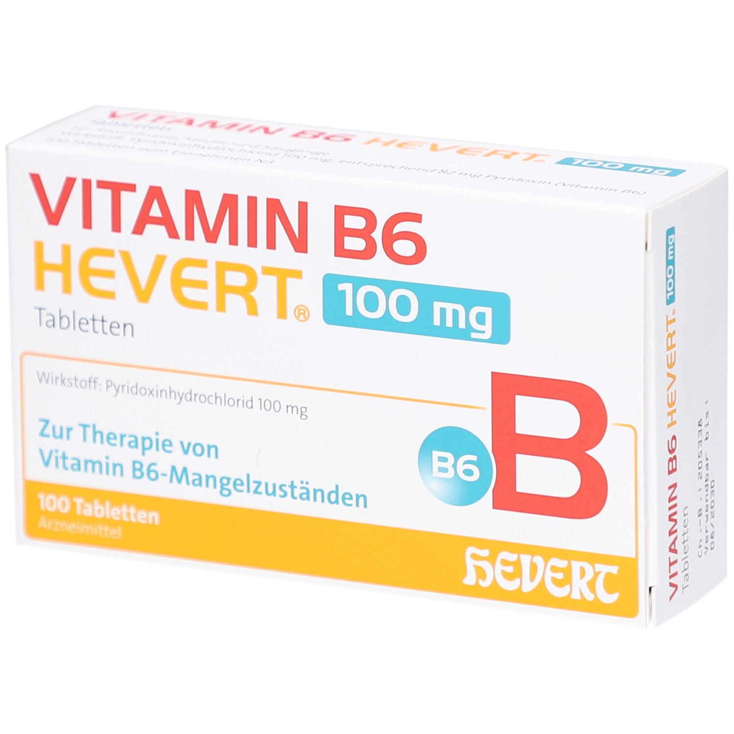Weiße Schachtel mit Aufschrift "VITAMIN B6 HEVERT 100 mg Tabletten". Orangefarbener Streifen unten. Logo "B" und "HEVERT".