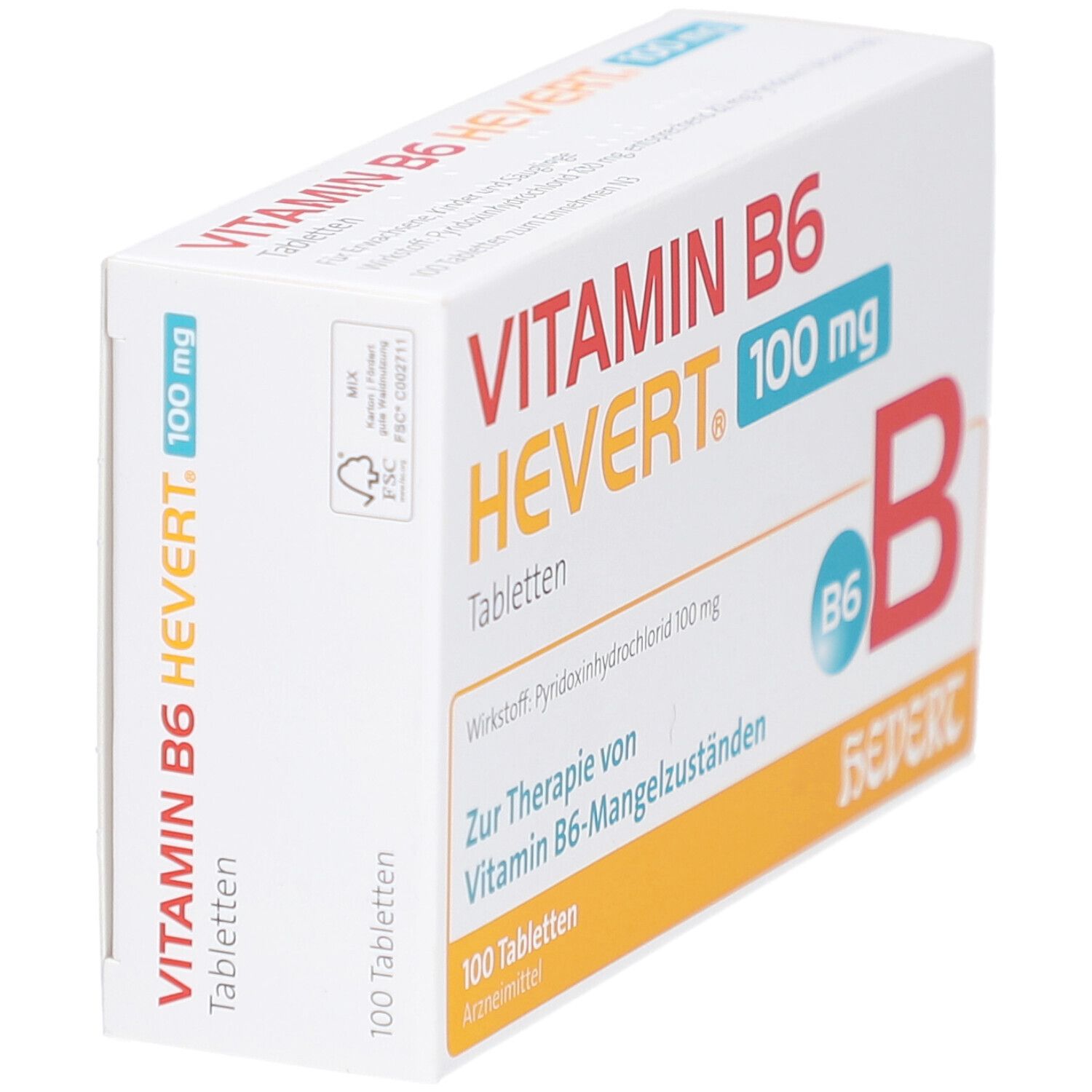 Weißer Karton mit Aufschrift VITAMIN B6 HEVERT 100 mg Tabletten. Orangefarbener Streifen unten. Logo und B6-Symbol.