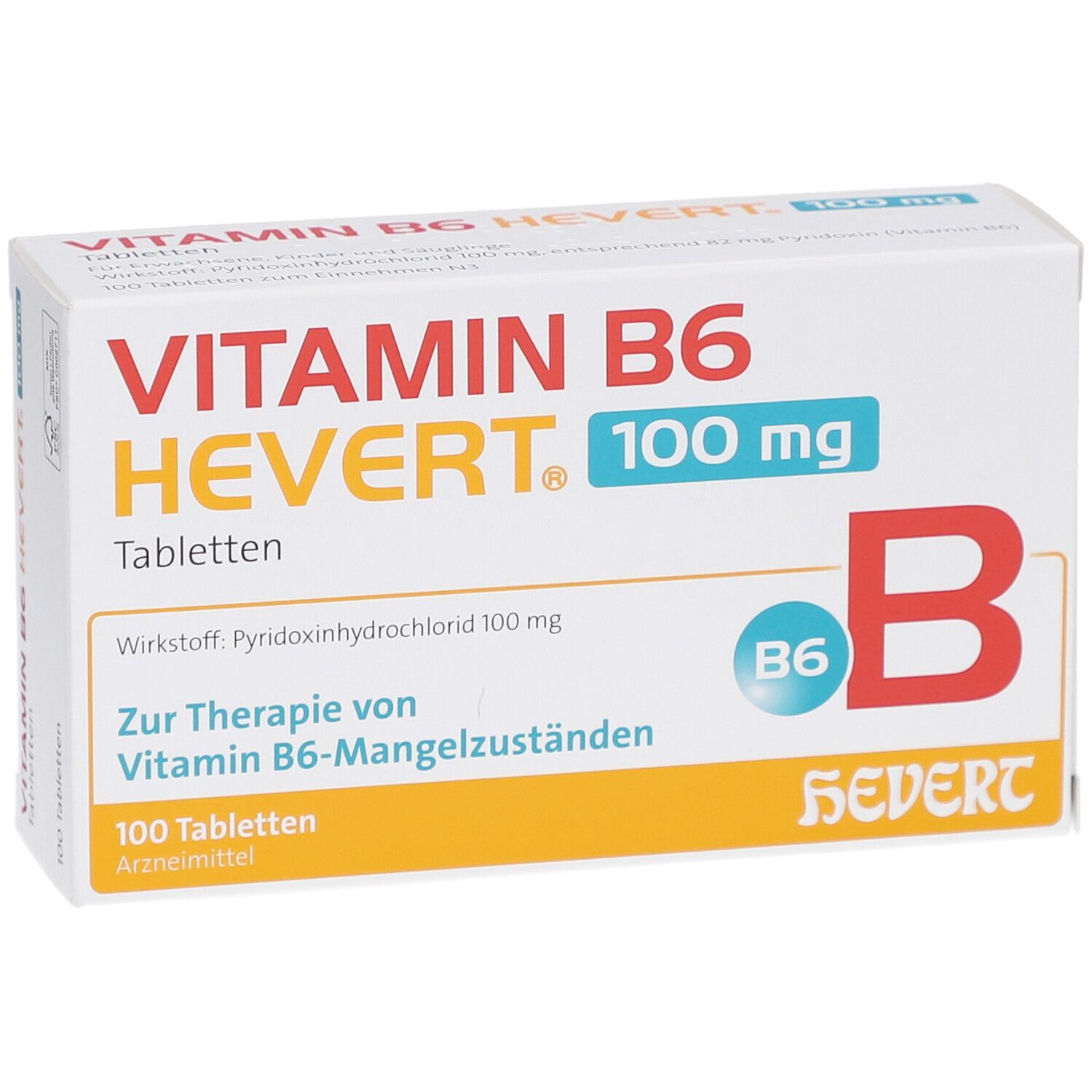 Weiße Tablettenpackung mit Aufschrift VITAMIN B6 HEVERT 100 mg. Rotes B6-Symbol und HEVERT-Logo.