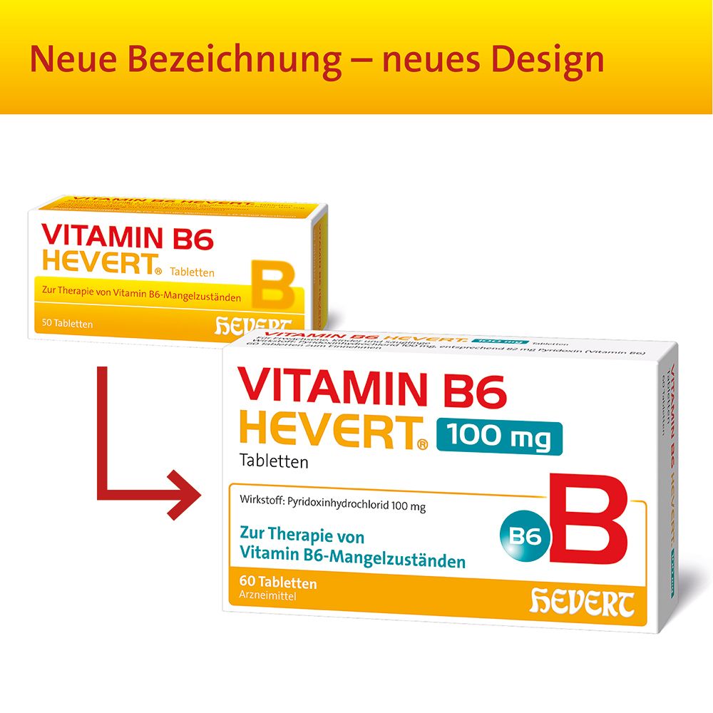 Vergleich von zwei Packungen VITAMIN B6 HEVERT Tabletten. Neue Bezeichnung - neues Design. Pfeil zeigt auf die neue Packung.