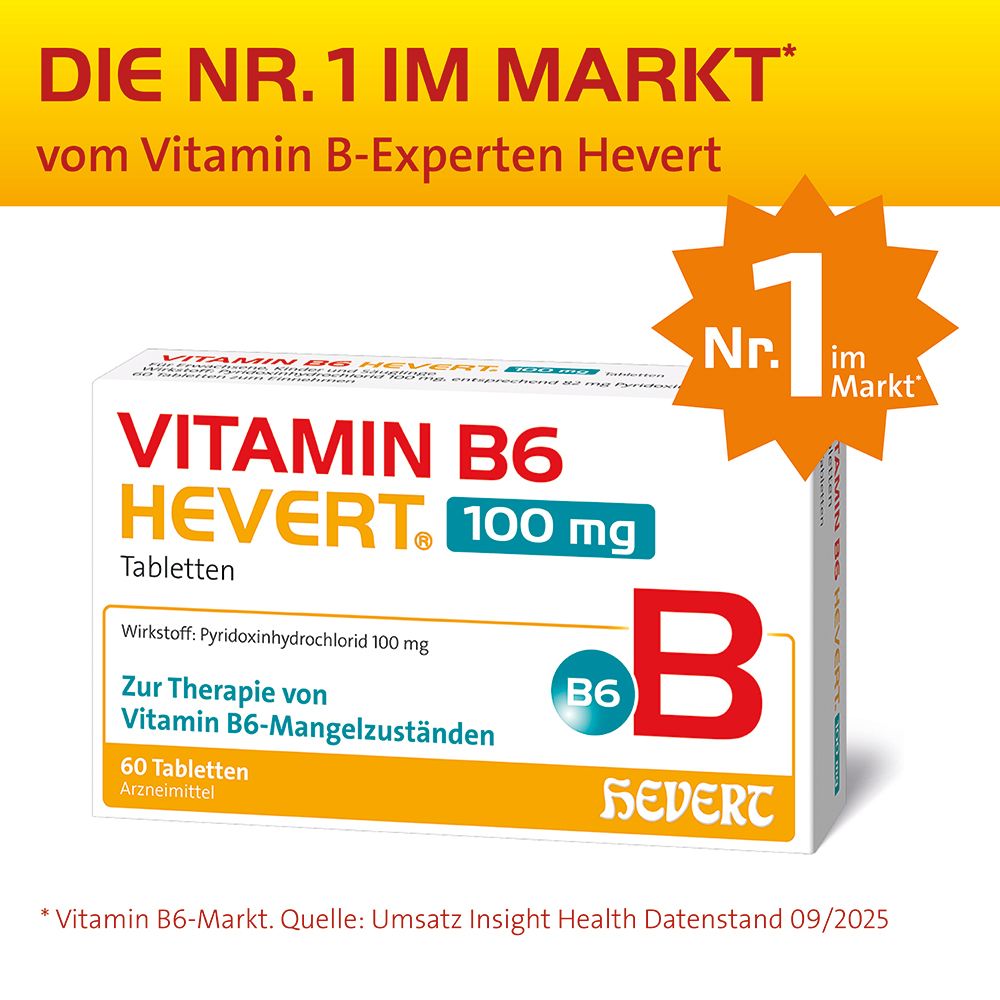 Packung VITAMIN B6 HEVERT 100 mg Tabletten. Text: DIE NR. 1 IM MARKT. Sternförmiges Element mit Nummer 1.