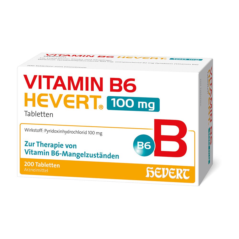 Weiße Schachtel mit roter und blauer Schrift. Aufschrift: VITAMIN B6 HEVERT 100 mg Tabletten. Enthält 200 Tabletten. Hevert Logo.
