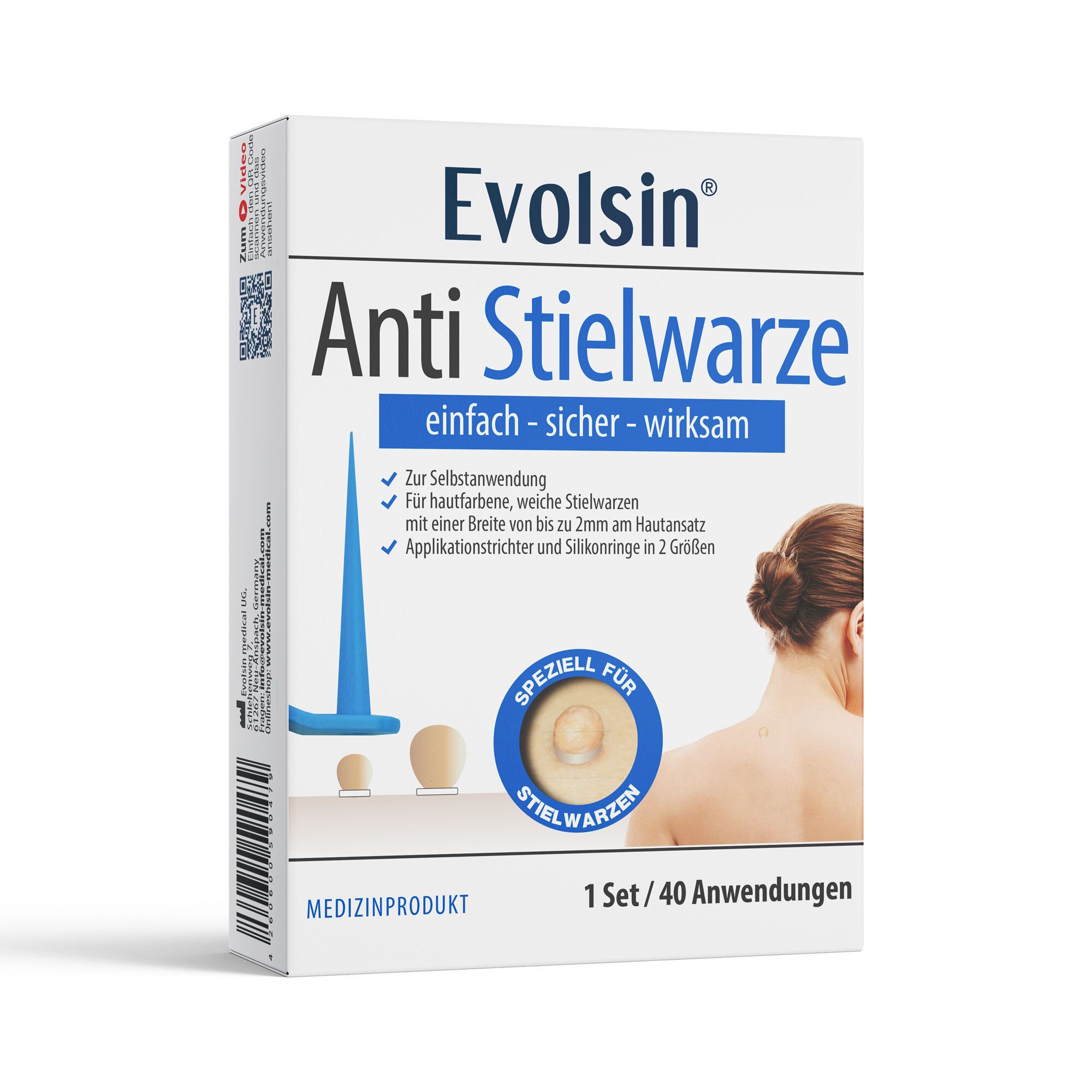 Verpackung von Evolsin Anti Stielwarze. Medizinprodukt. Mit CE-Kennzeichnung.