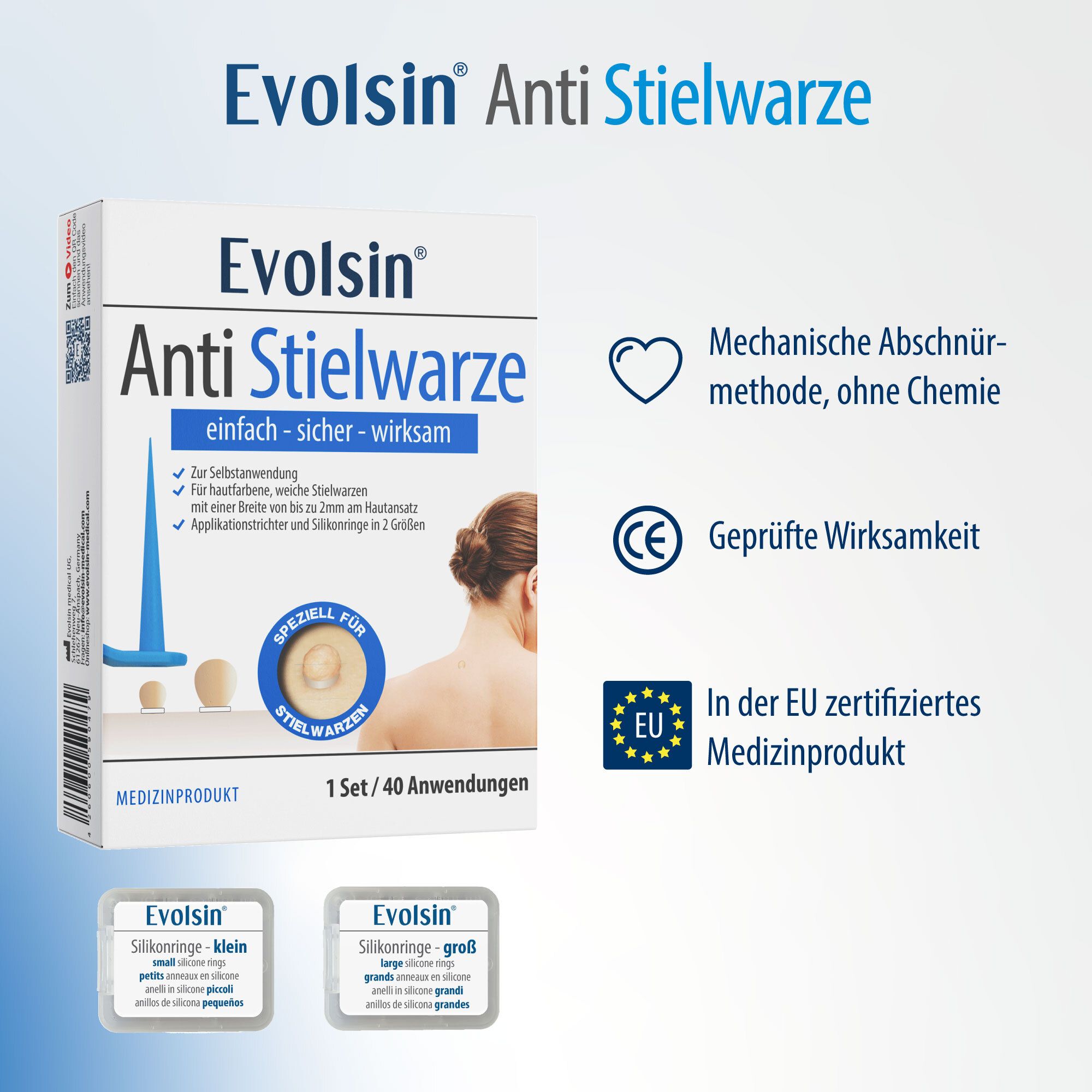 Anleitung zur Anwendung von Evolsin Anti Stielwarze. 4 Schritte zur Entfernung.