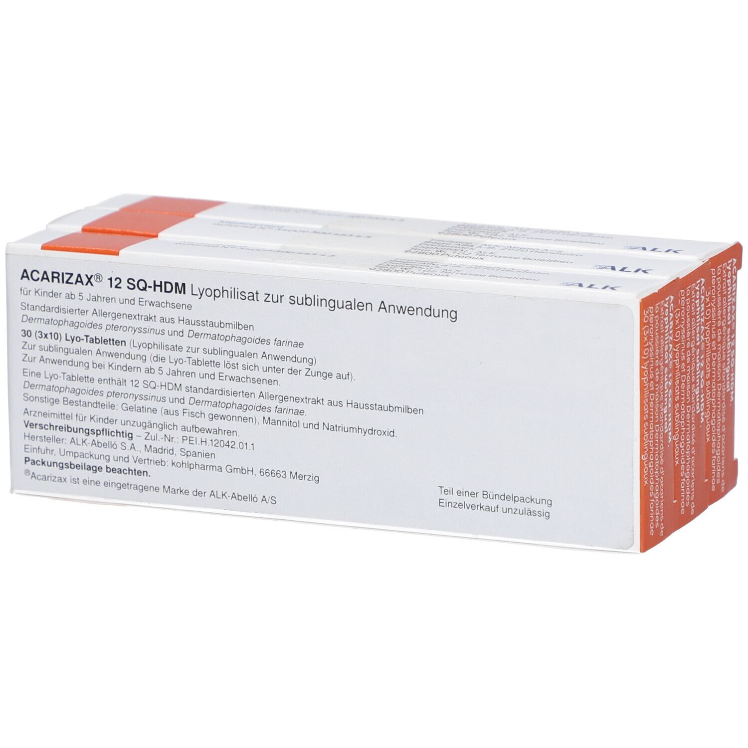 Weiße Schachtel mit orangefarbenen Akzenten. Aufschrift: ACARIZAX 12 SQ-HDM, lyophilisat sublingual. Text in Deutsch.