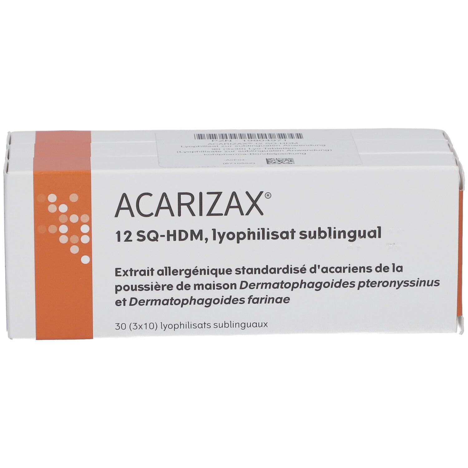 Weiße Schachtel mit orangefarbenen Akzenten. Aufschrift: ACARIZAX 12 SQ-HDM, lyophilisat sublingual. Text in Französisch.