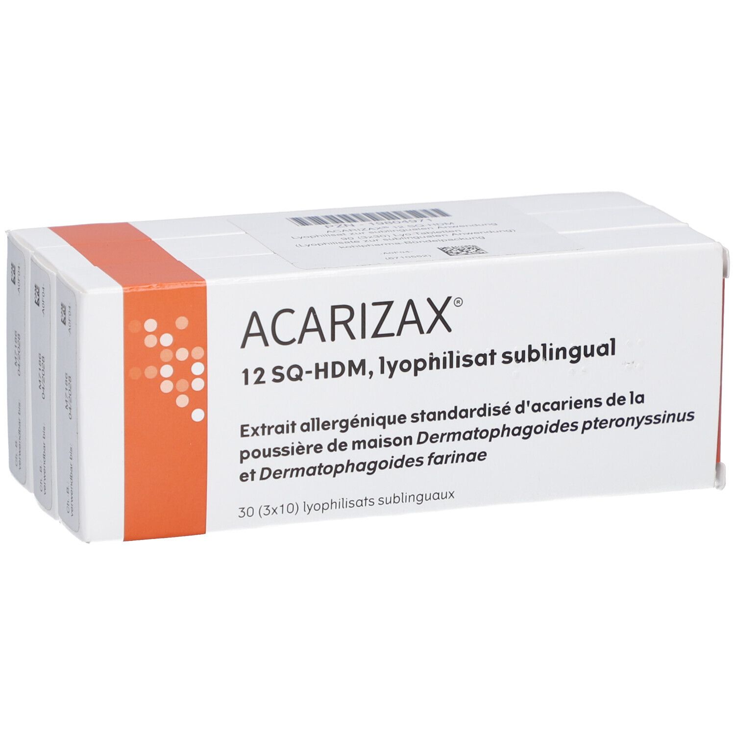 Weiße Schachtel mit orangefarbenen Akzenten. Aufschrift: ACARIZAX 12 SQ-HDM, lyophilisat sublingual. Text in Französisch.