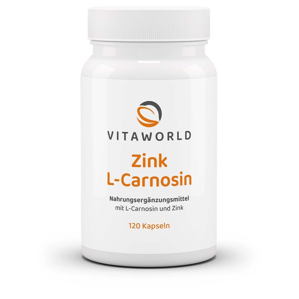 Weiße Flasche mit VitaWorld Zink L-Carnosin Kapseln. Aufschrift: Zink L-Carnosin, 120 Kapseln. Nahrungsergänzungsmittel.