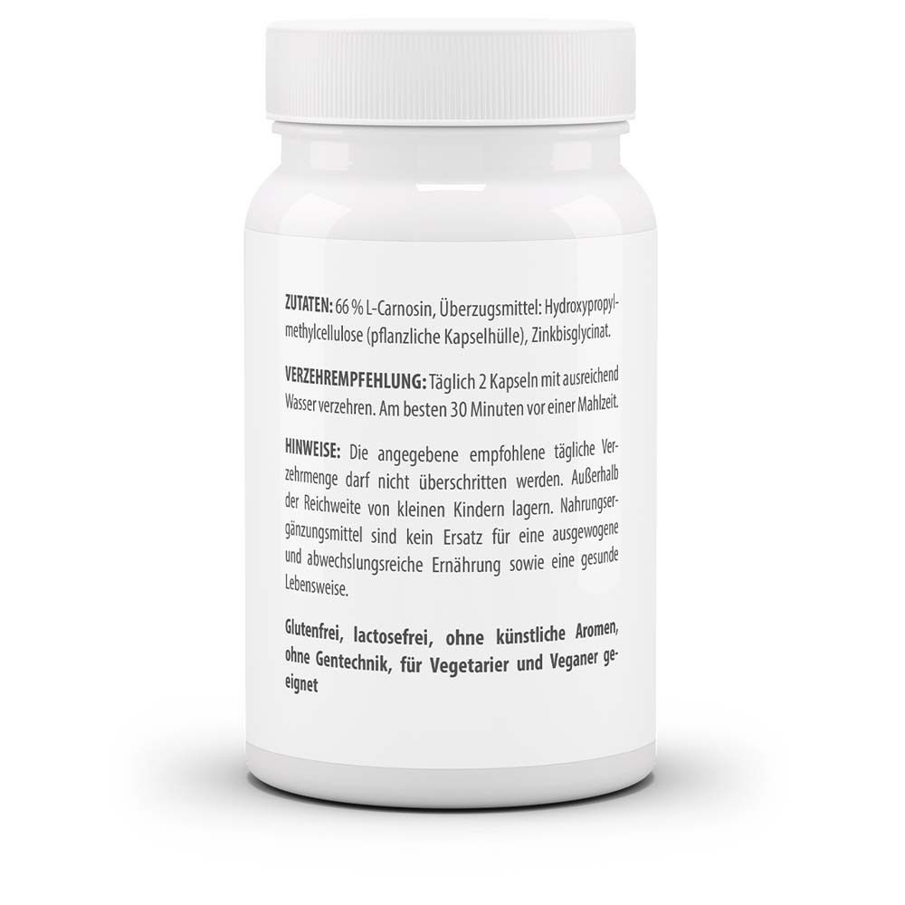 Rückseite der weißen Flasche mit VitaWorld Zink L-Carnosin. Zutaten, Verzehrempfehlung und Hinweise. Glutenfrei, laktosefrei.
