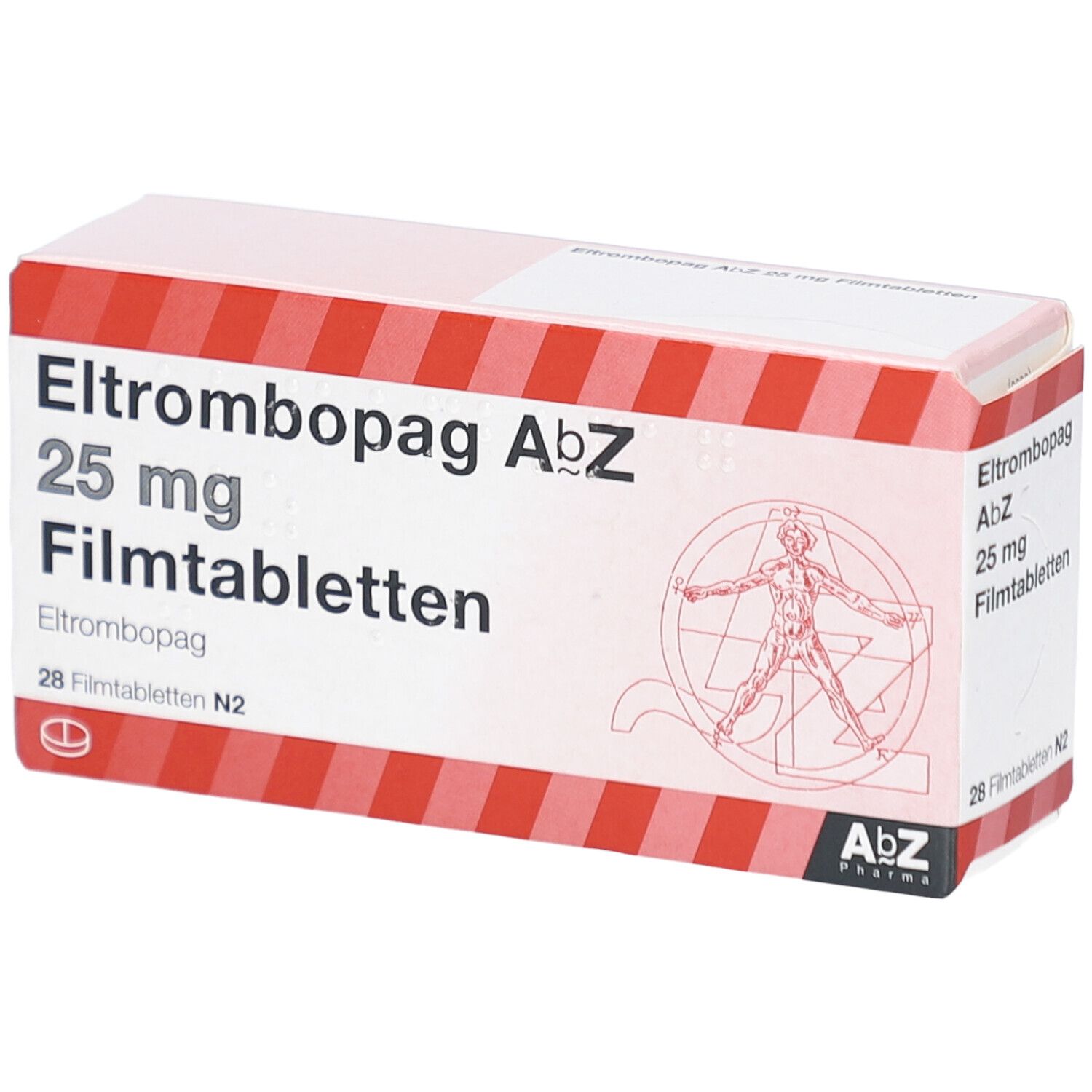Schachtel mit rotem und weißem Design. Aufschrift: Eltrombopag AbZ 25 mg Filmtabletten. AbZ Pharma Logo. 28 Filmtabletten.