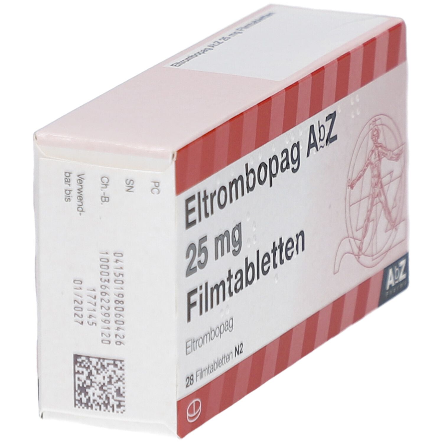 Schachtel mit rotem und weißem Design. Aufschrift: Eltrombopag AbZ 25 mg Filmtabletten. AbZ Pharma Logo. 28 Filmtabletten. QR-Code.