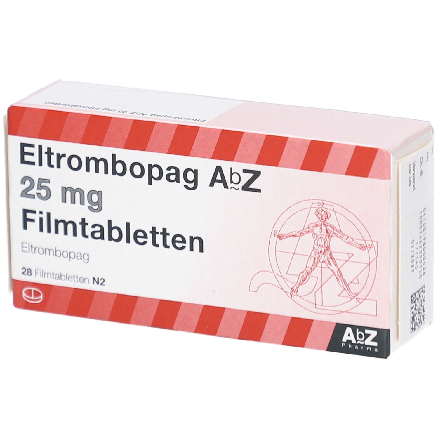 Schachtel mit rotem und weißem Design. Aufschrift: Eltrombopag AbZ 25 mg Filmtabletten. AbZ Pharma Logo. 28 Filmtabletten.