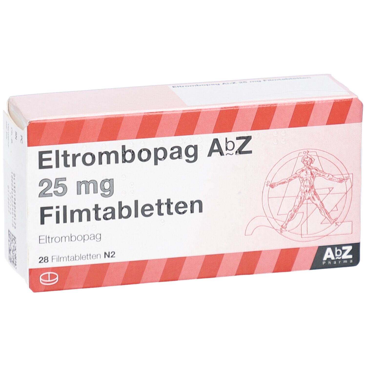 Schachtel mit rotem und weißem Design. Aufschrift: Eltrombopag AbZ 25 mg Filmtabletten. AbZ Pharma Logo. 28 Filmtabletten.