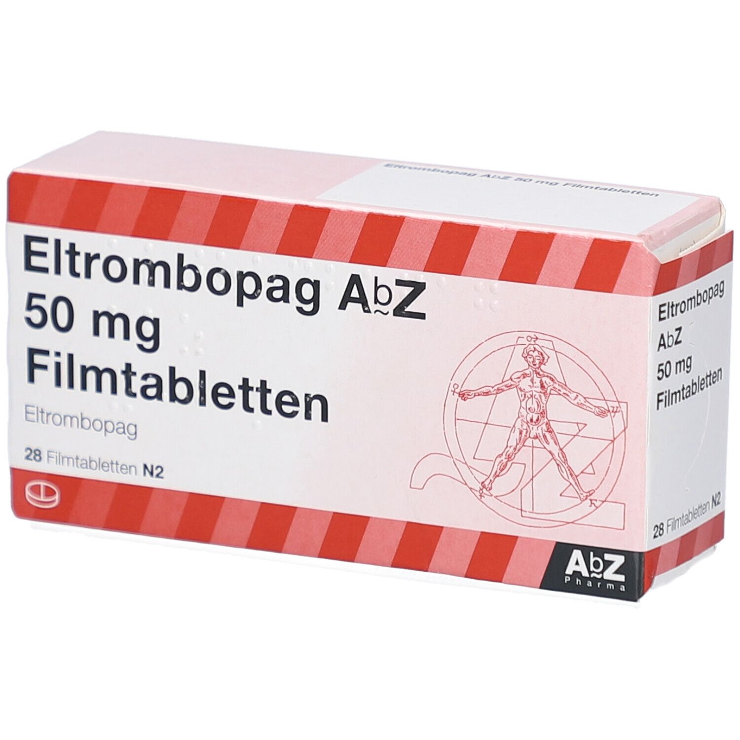 Schachtel mit Eltrombopag AbZ 50 mg Filmtabletten. Aufschrift und AbZ-Logo. Abbildung eines menschlichen Körpers.