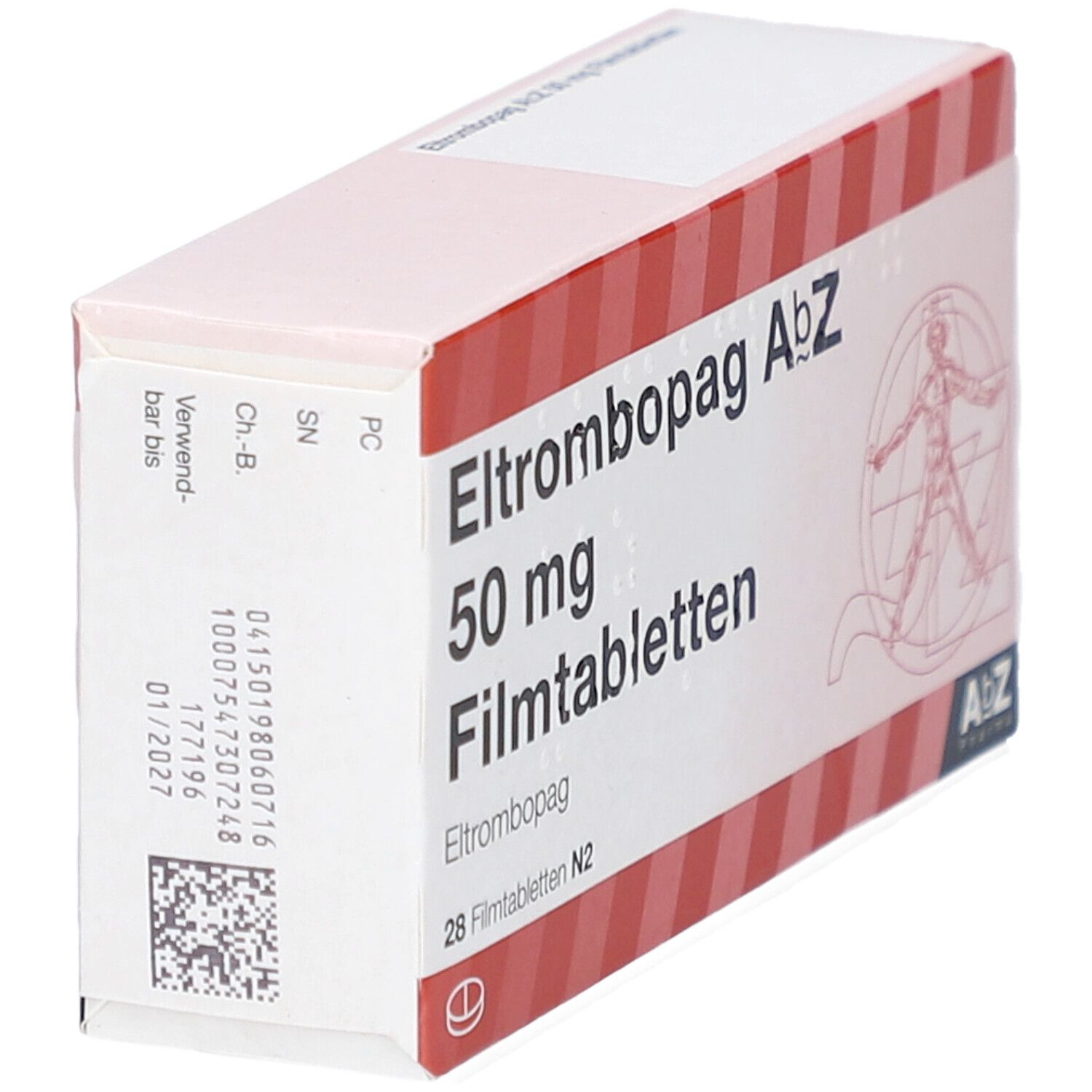 Schachtel mit Eltrombopag AbZ 50 mg Filmtabletten. Aufschrift und AbZ-Logo. Detailansicht mit Chargennummer und Verfallsdatum.