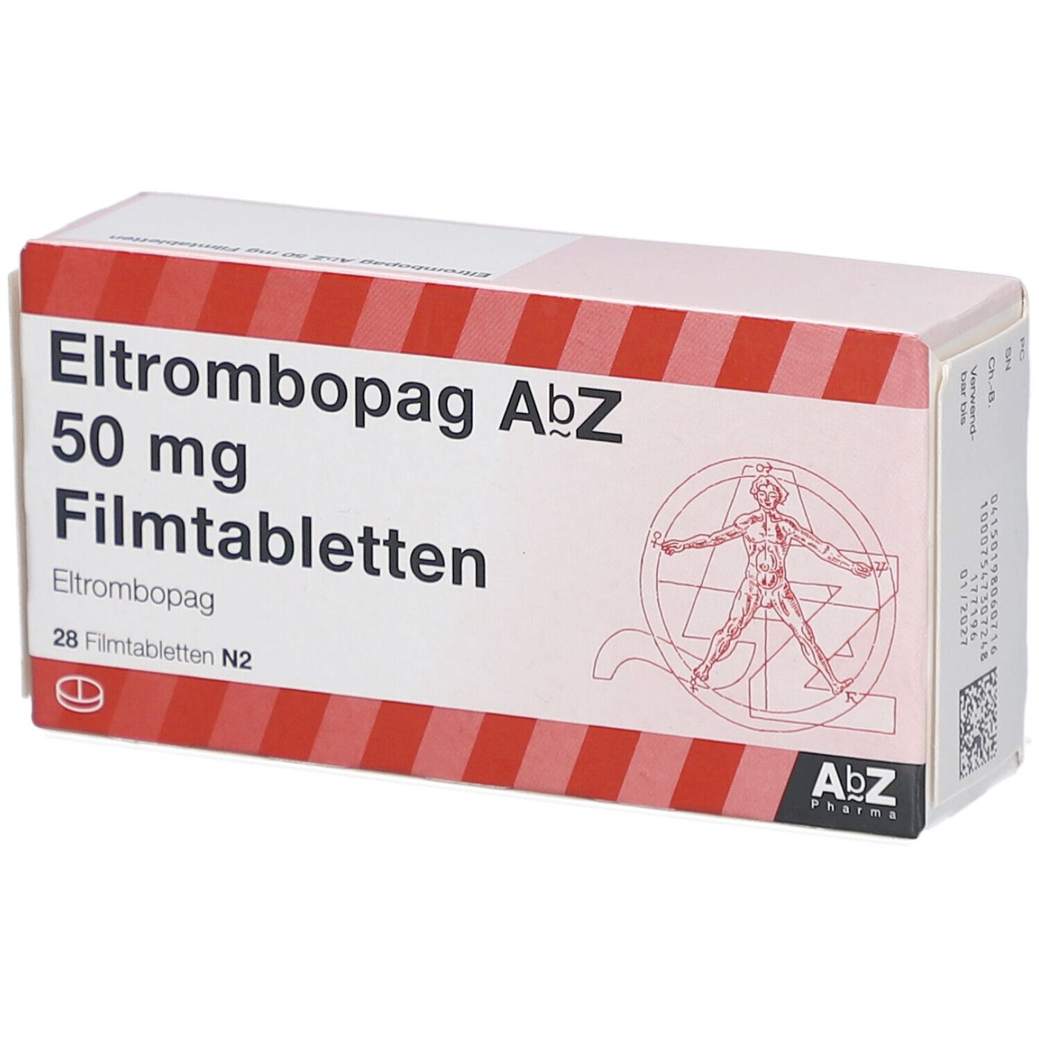 Schachtel mit Eltrombopag AbZ 50 mg Filmtabletten. Aufschrift und AbZ-Logo. Abbildung eines menschlichen Körpers.