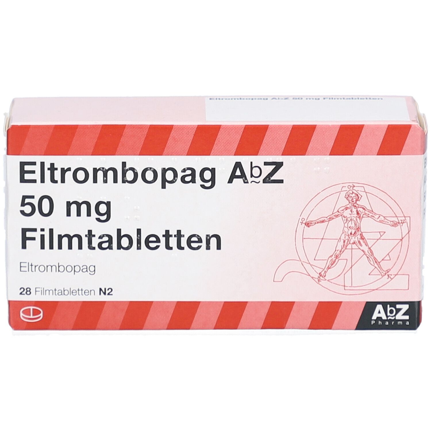 Schachtel mit Eltrombopag AbZ 50 mg Filmtabletten. Aufschrift und AbZ-Logo. Abbildung eines menschlichen Körpers.