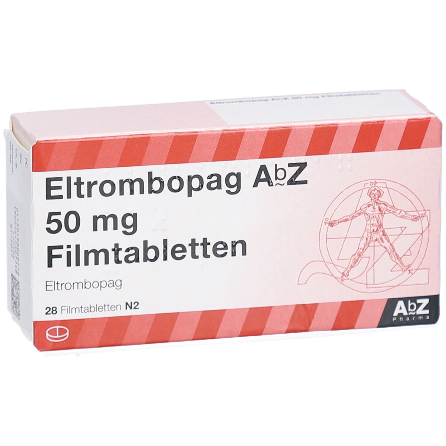 Schachtel mit Eltrombopag AbZ 50 mg Filmtabletten. Aufschrift und AbZ-Logo. Abbildung eines menschlichen Körpers.
