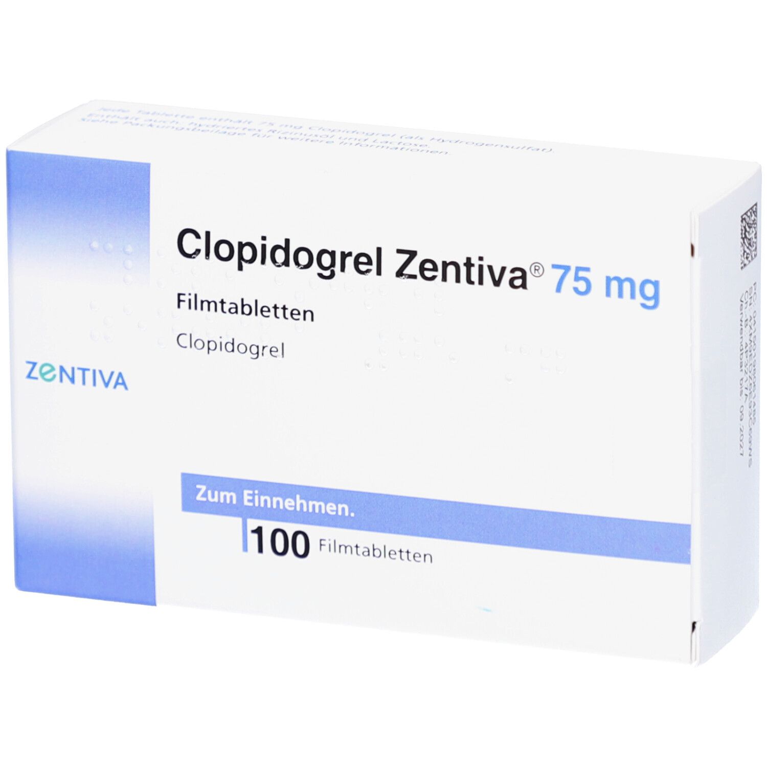 Schachtel mit CLOPIDOGREL Zentiva 75 mg Filmtabletten. Aufschrift: 100 Filmtabletten. Marke Zentiva.