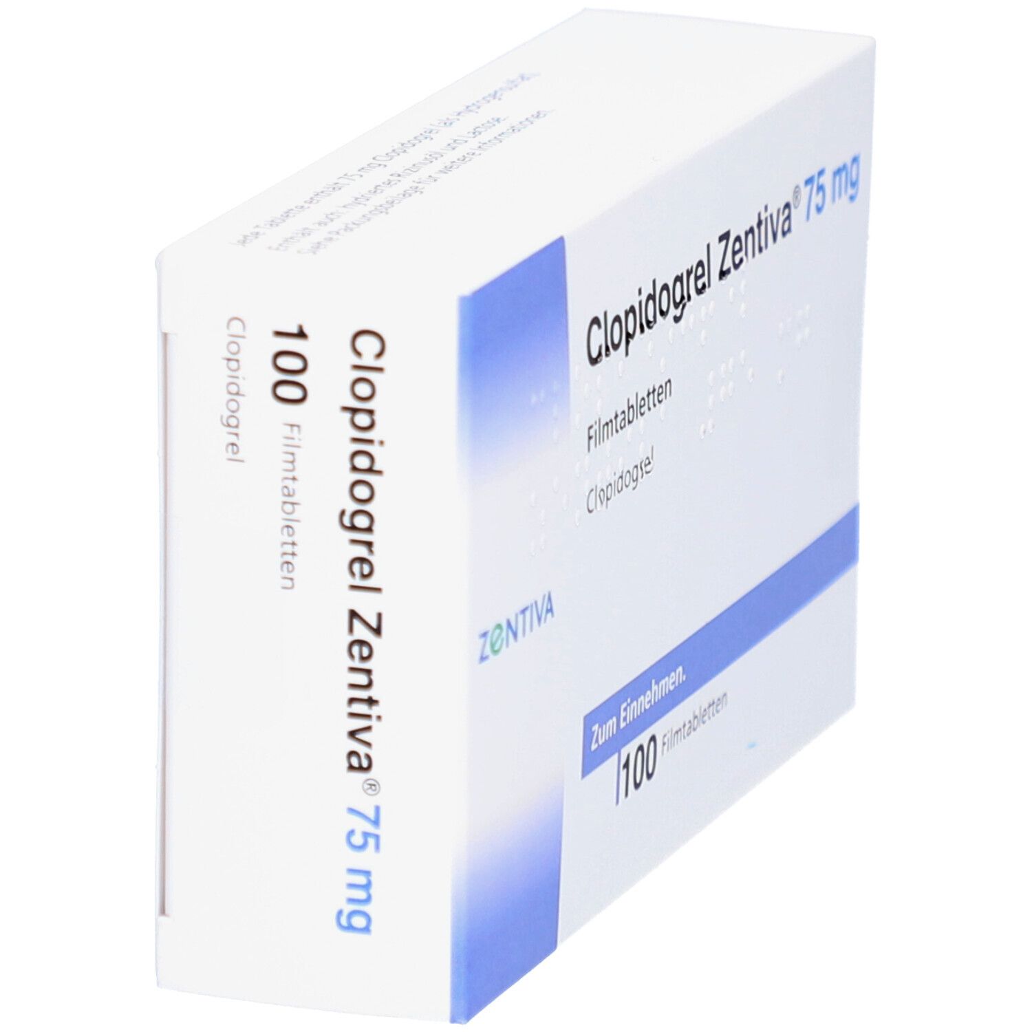 Schachtel CLOPIDOGREL Zentiva 75 mg Filmtabletten, schräg. Aufschrift: 100 Filmtabletten. Marke Zentiva.