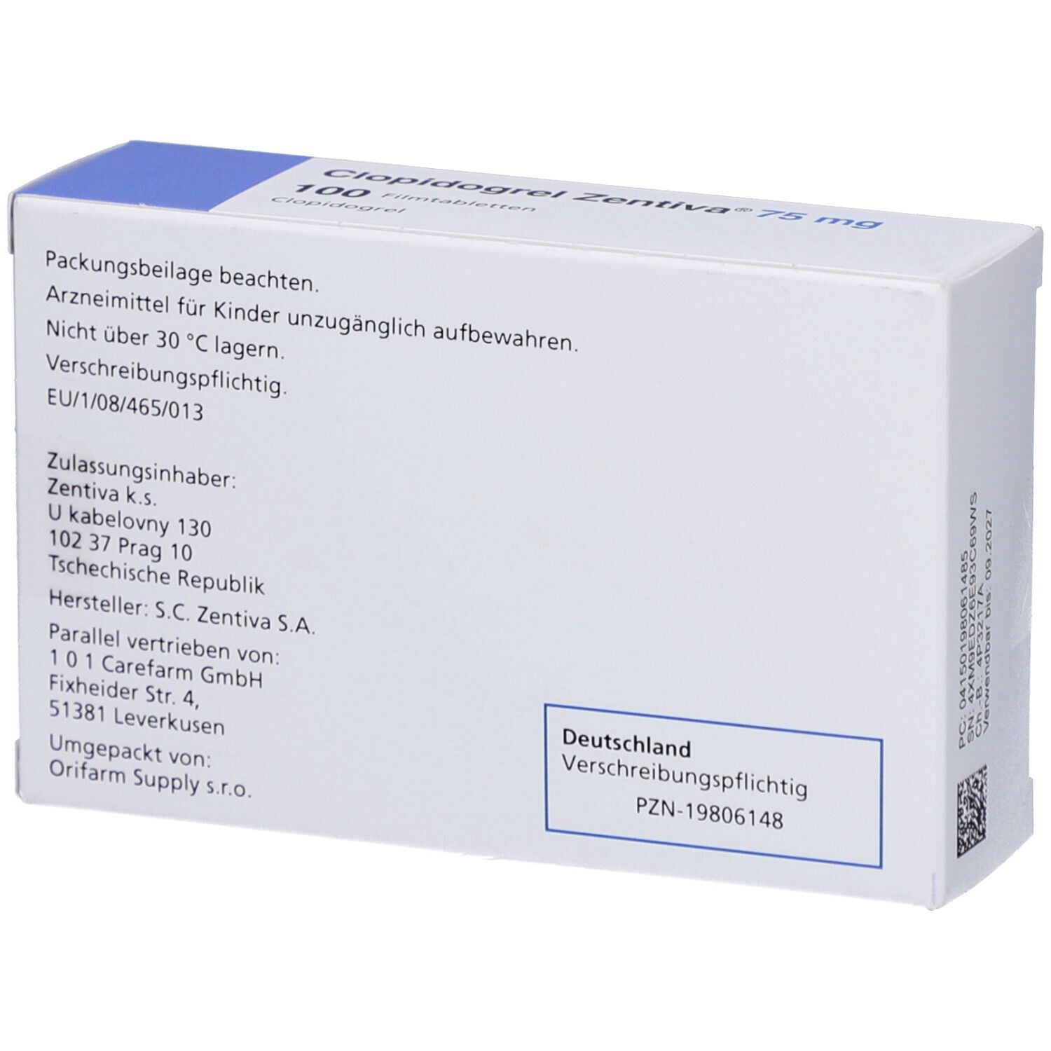 Rückseite der Schachtel CLOPIDOGREL Zentiva 75 mg Filmtabletten. Text: Packungsbeilage beachten, PZN-19806148.