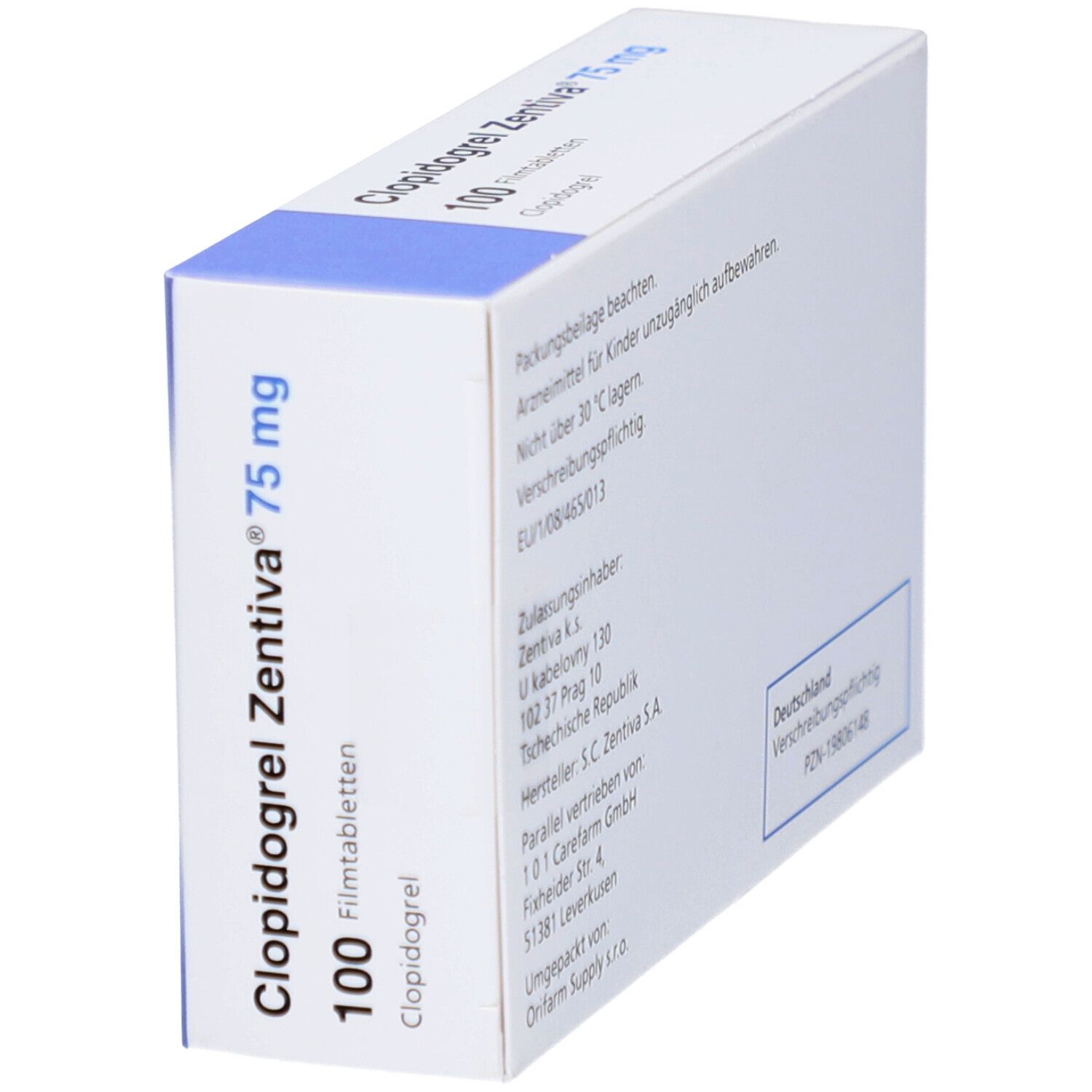 Schachtel CLOPIDOGREL Zentiva 75 mg Filmtabletten, schräg. Aufschrift: 100 Filmtabletten. Marke Zentiva.