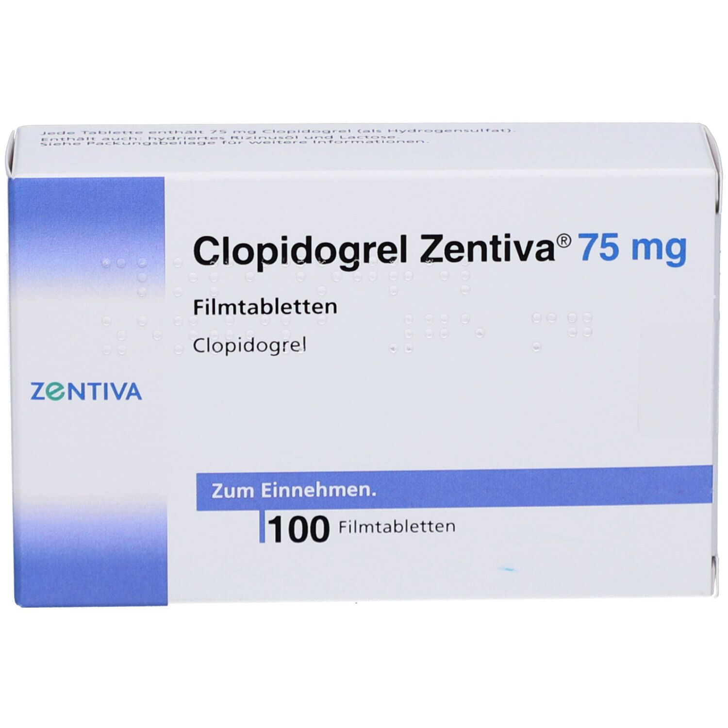Schachtel mit CLOPIDOGREL Zentiva 75 mg Filmtabletten. Aufschrift: 100 Filmtabletten. Marke Zentiva.