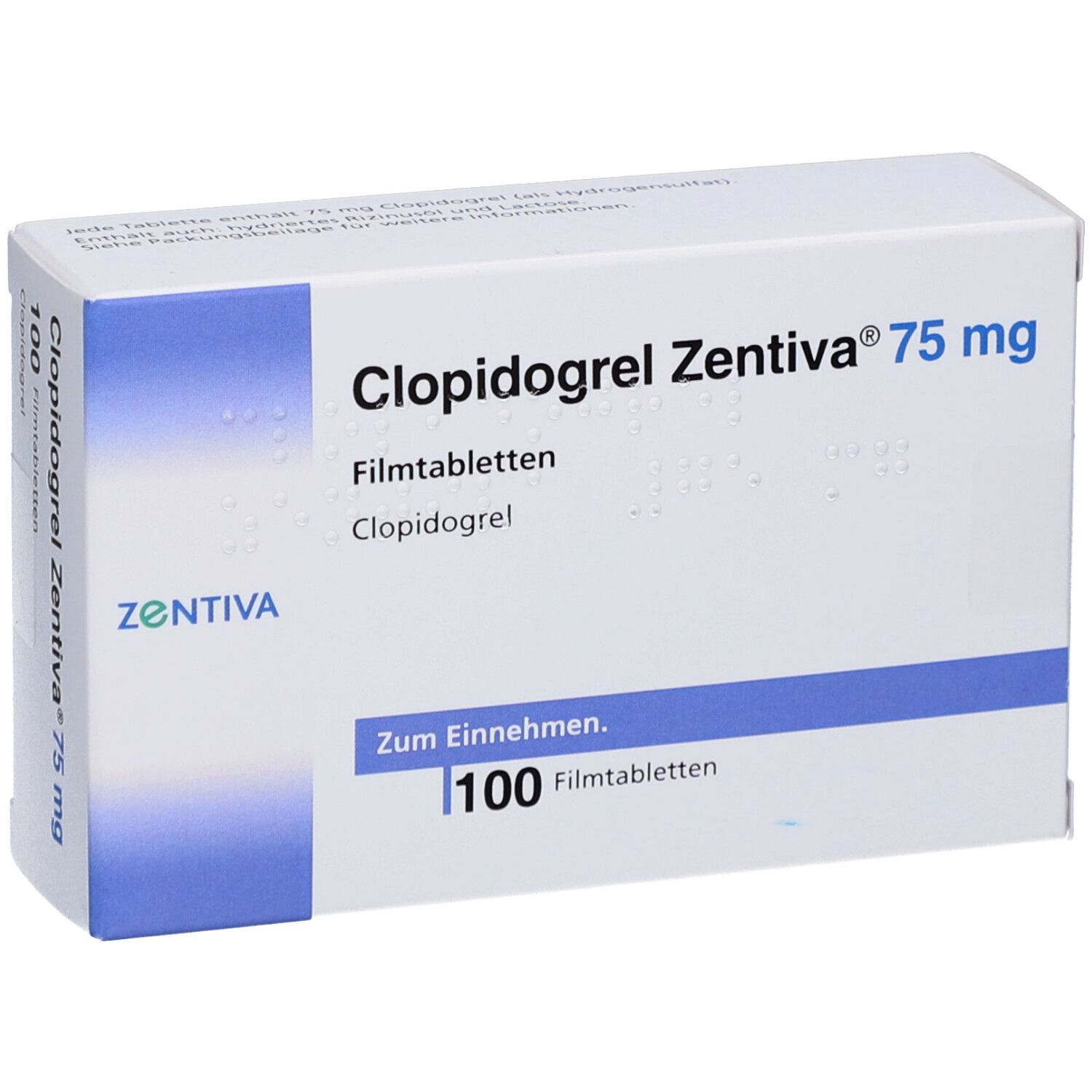 Schachtel mit CLOPIDOGREL Zentiva 75 mg Filmtabletten. Aufschrift: 100 Filmtabletten. Marke Zentiva.