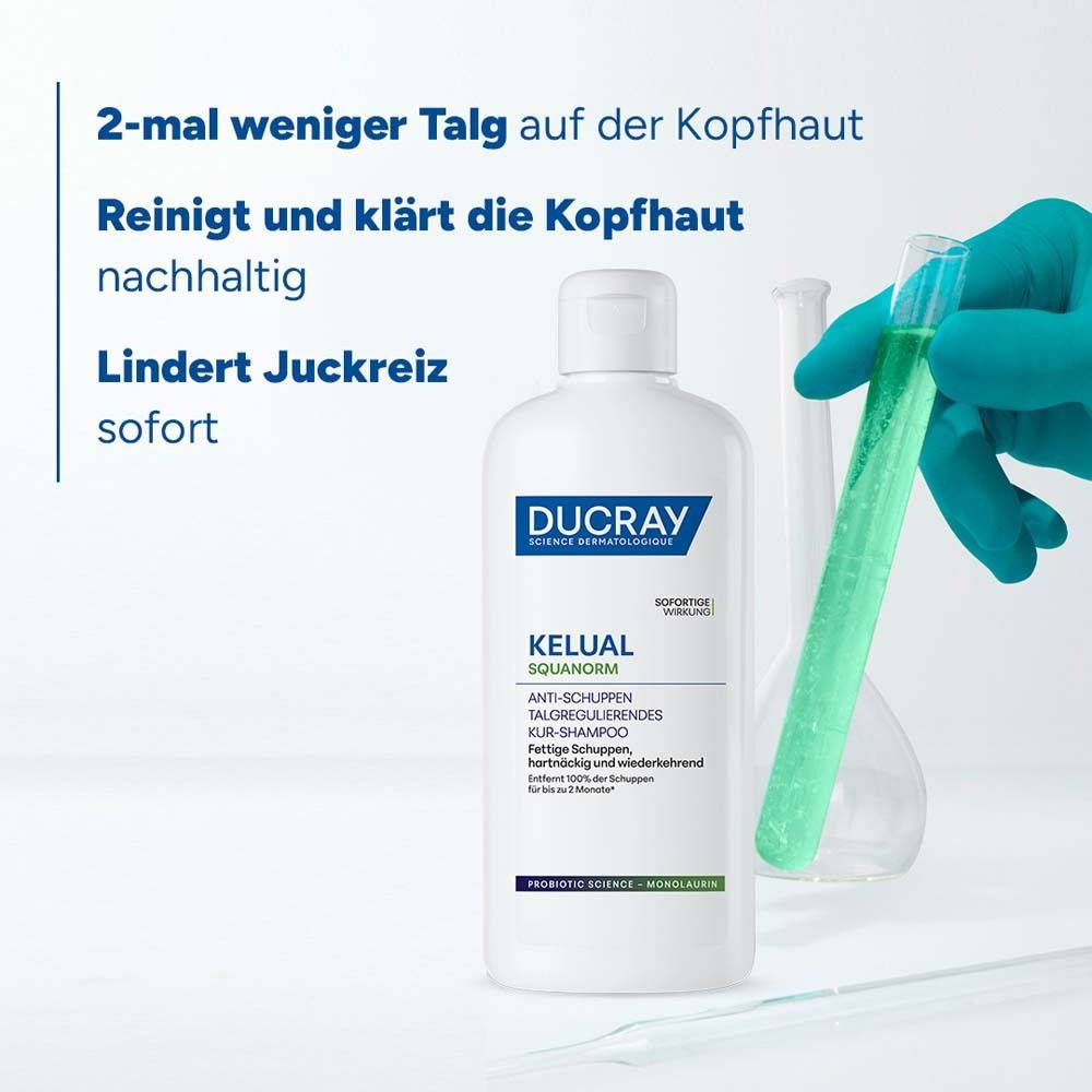 Shampoo-Flasche und Reagenzglas. DUCRAY KELUAL SQUANORM. Text: Reinigt und klärt die Kopfhaut. Lindert Juckreiz.