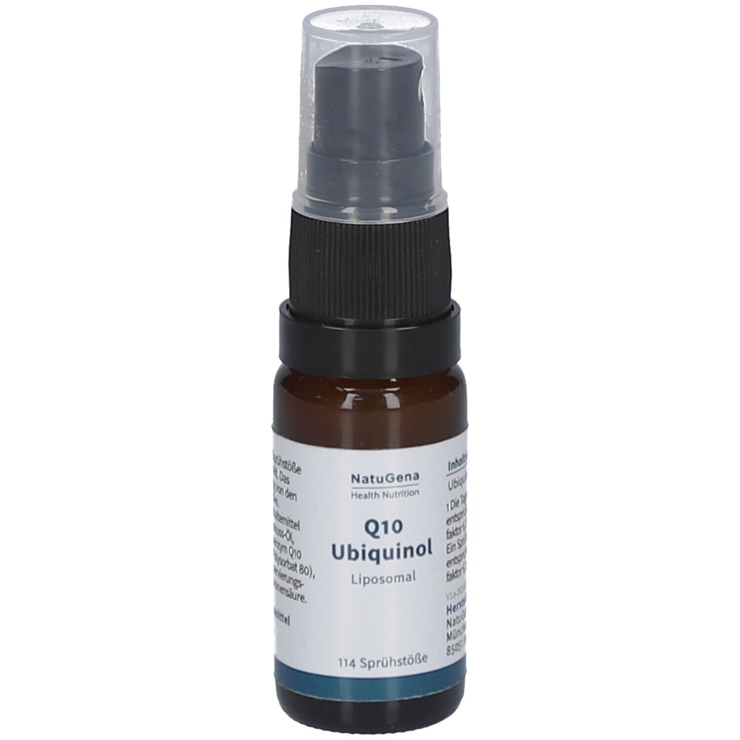 Braune Glasflasche mit schwarzem Sprühkopf. Beschriftung: Q10 Ubiquinol liposomales Spray vegan. Hersteller NatuGena.