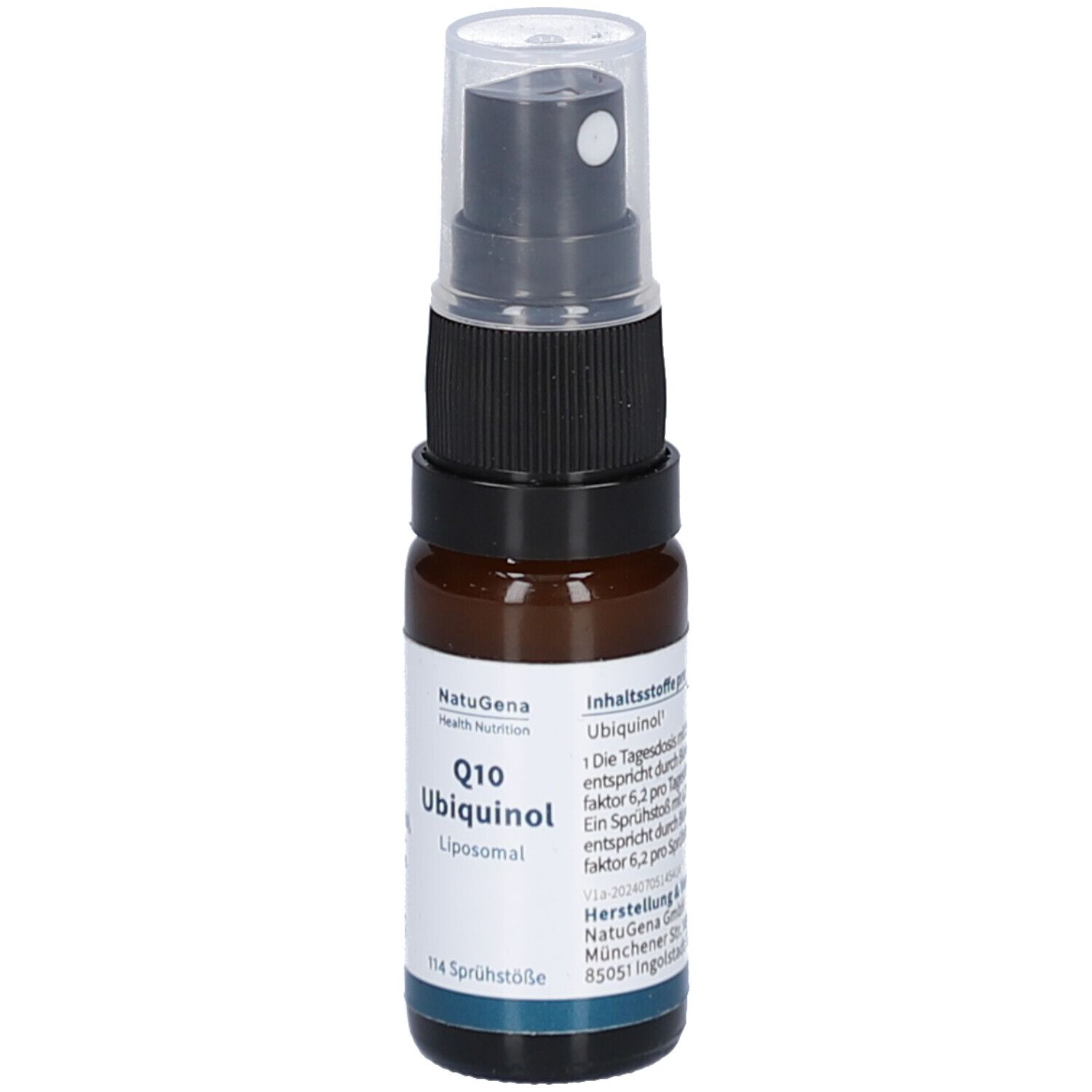 Braune Glasflasche mit schwarzem Sprühkopf. Beschriftung: Q10 Ubiquinol liposomales Spray vegan. Hersteller NatuGena.