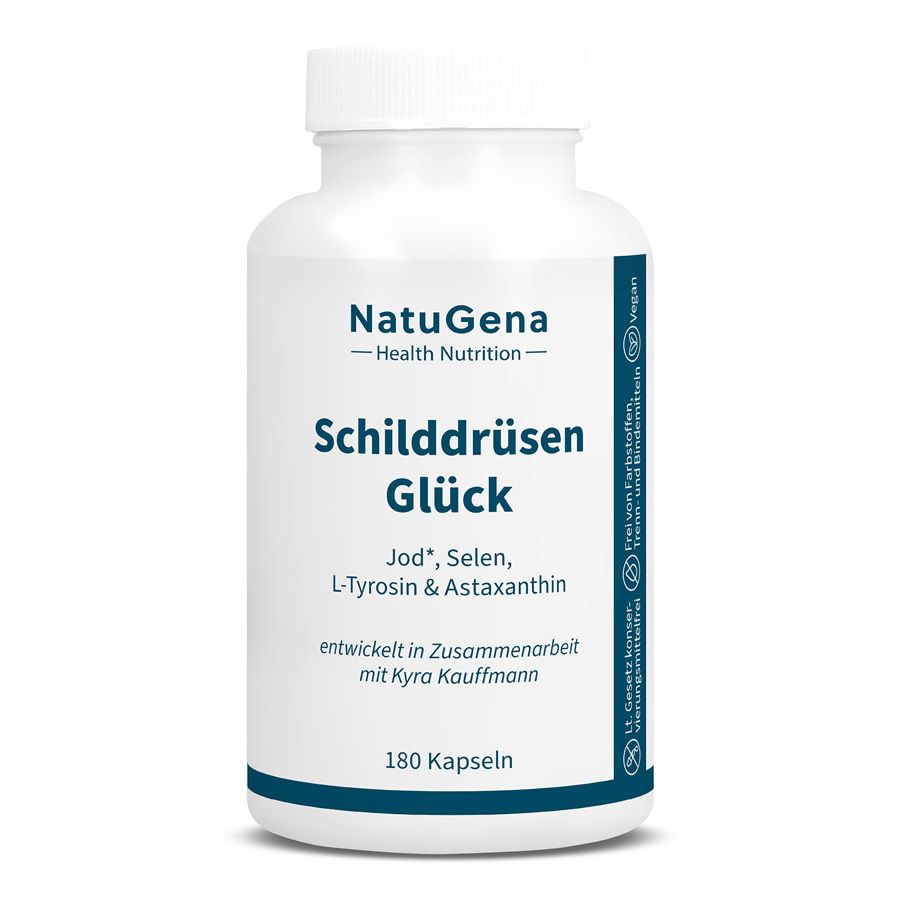 Weiße Flasche mit Kapseln. Aufschrift: NatuGena, Schilddrüsen Glück, Jod, Selen, L-Tyrosin & Astaxanthin. 180 Kapseln.