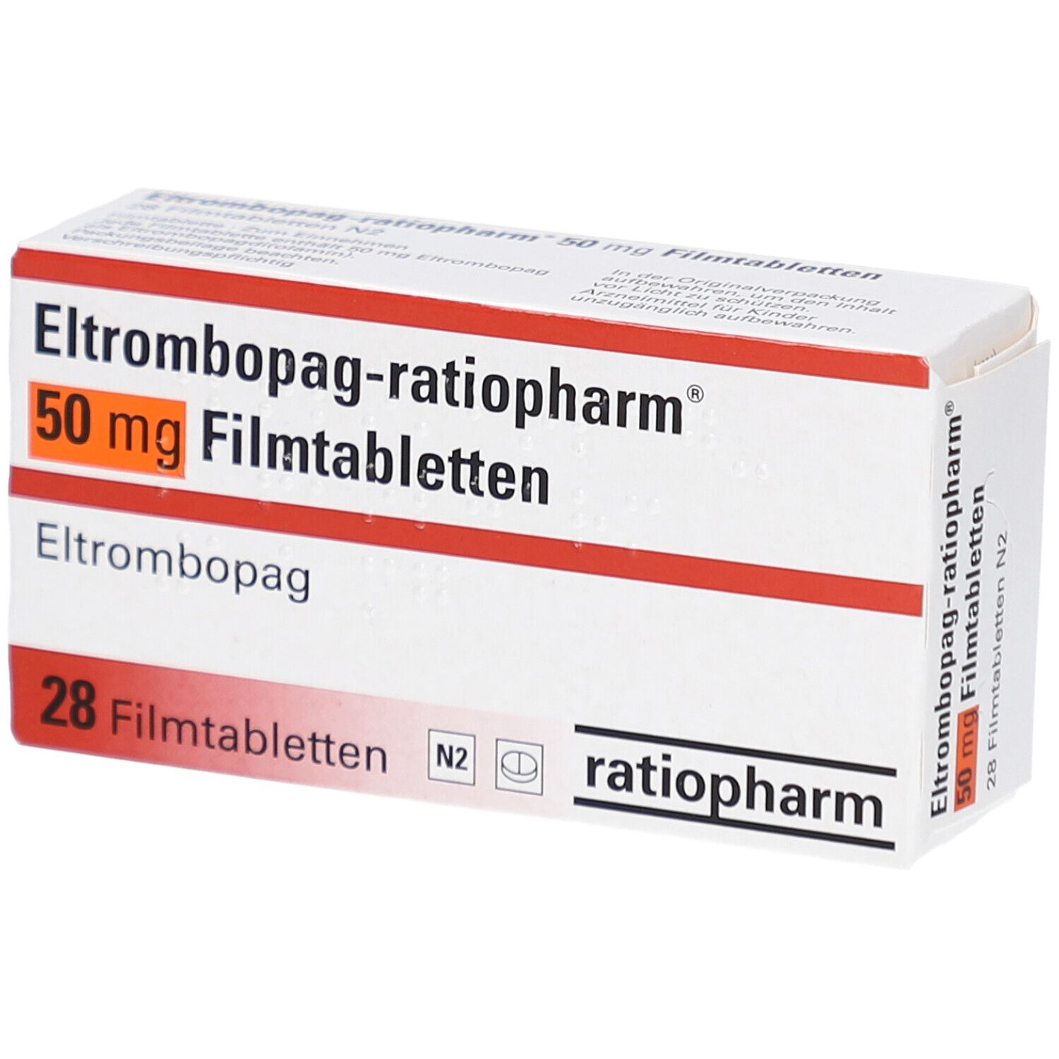 Schachtel mit ELTROMBOPAG-ratiopharm 50 mg Filmtabletten. Aufschrift: 28 Filmtabletten, ratiopharm. Orangefarbener Balken mit Dosierung.