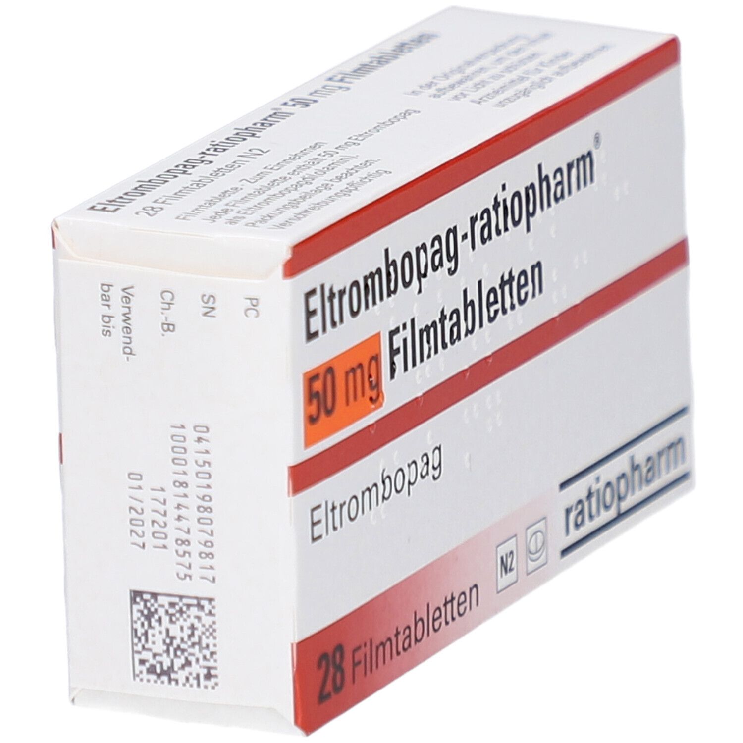 Schachtel ELTROMBOPAG-ratiopharm 50 mg Filmtabletten. Aufschrift: 28 Filmtabletten, ratiopharm. Sichtbar: Verfallsdatum, Chargennummer.