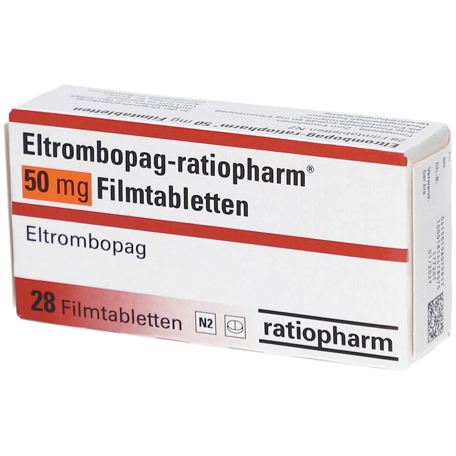 Schachtel ELTROMBOPAG-ratiopharm 50 mg Filmtabletten. Aufschrift: 28 Filmtabletten, ratiopharm. Orangefarbener Balken mit Dosierung.