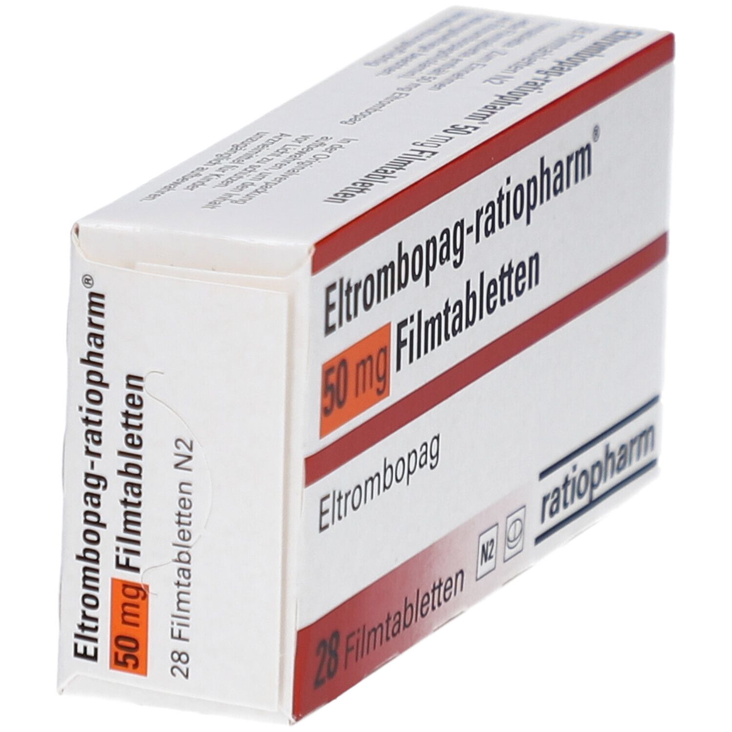 Schachtel ELTROMBOPAG-ratiopharm 50 mg Filmtabletten. Aufschrift: 28 Filmtabletten, ratiopharm. Orangefarbener Balken mit Dosierung.