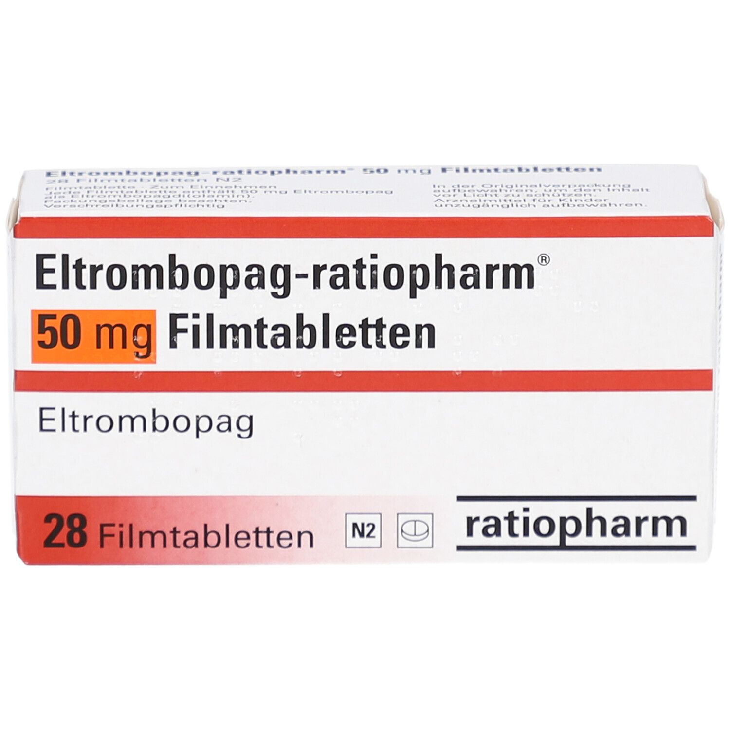 Schachtel ELTROMBOPAG-ratiopharm 50 mg Filmtabletten. Aufschrift: 28 Filmtabletten, ratiopharm. Orangefarbener Balken mit Dosierung.